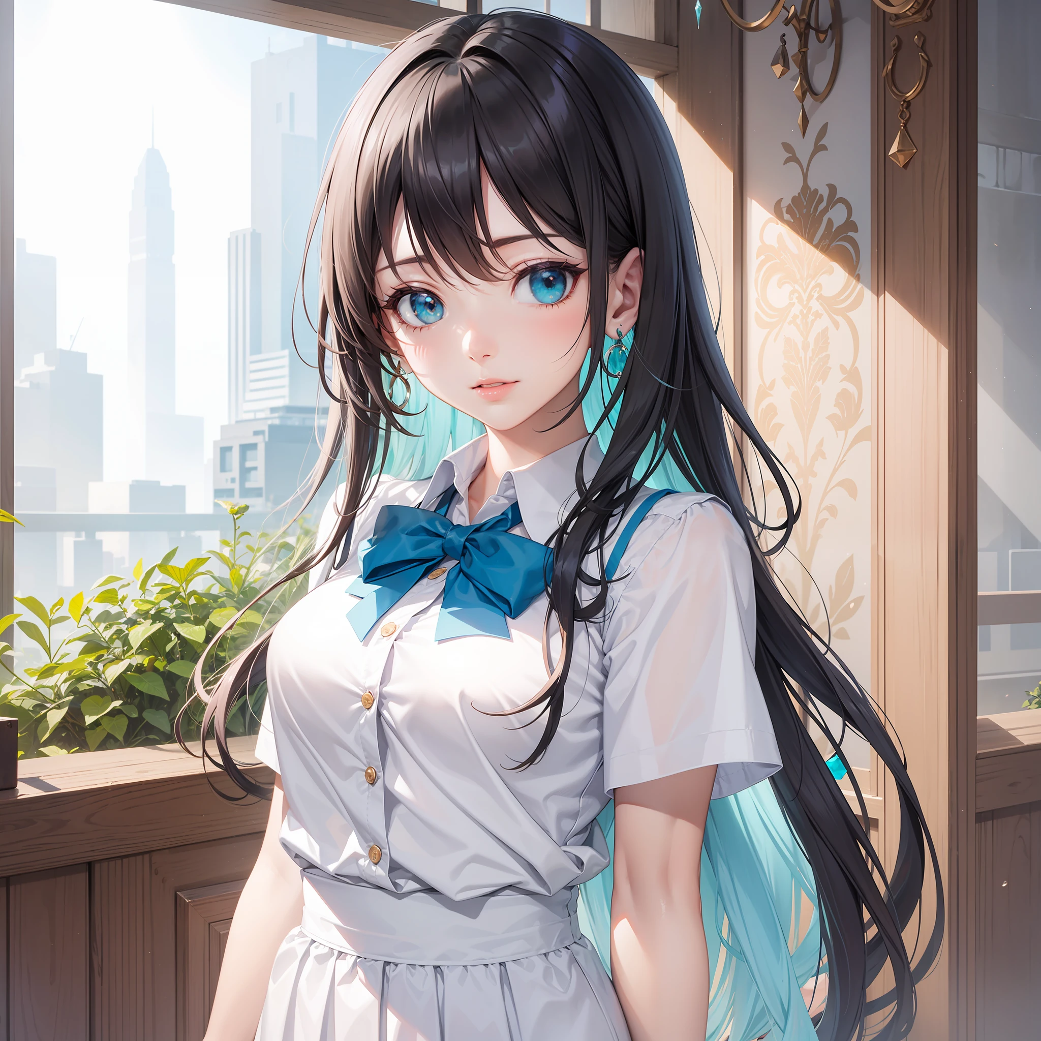 Masterpiece, best quality, extremely detailed CG unity 8k wallpaper, daytime, fair skin, long eyelashes, long hair and waist, black hair, gradient hair, turquoise eyes at the end, straight hair, white school uniform, beautiful long neck, bumpy figure, front, upper body, highest image quality, aesthetic, extremely beautiful, tiny, ice crystal transparent earrings, face light,