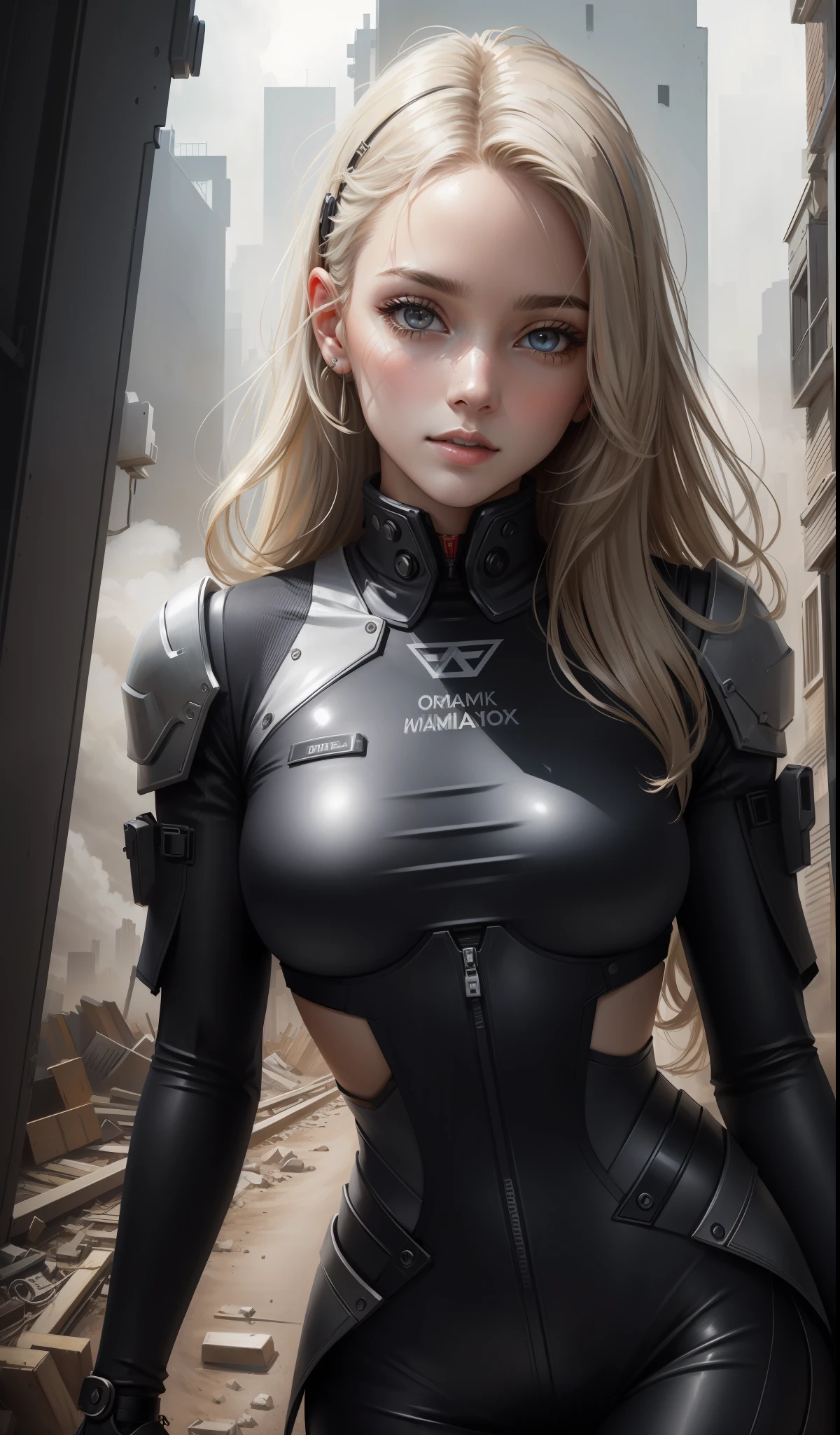 1girl:1.3), solo, ((very detailed face)))), ((very detailed eyes and face))), beautiful detail eyes, body parts__, official art, unified 8k wallpaper, super detailed, beautiful and beautiful, beautiful, masterpiece, best quality, original, masterpiece, super fine photo, best quality, super high resolution, realistic realism, sunlight, full body portrait, amazing beauty, , dynamic pose, delicate face, vibrant eyes, (from the front), She wears a combat suit, black and white color scheme, female military uniform, very detailed abandoned warehouse background, detailed face, detailed complex busy background, messy, gorgeous, milky white, highly detailed skin, realistic skin details, visible pores, clear focus, volumetric fog, 8k uhd, DSLR camera, high quality, film grain, fair skin, photo realism, lomography, futuristic dystopian giant metropolis, seen from below, translucent