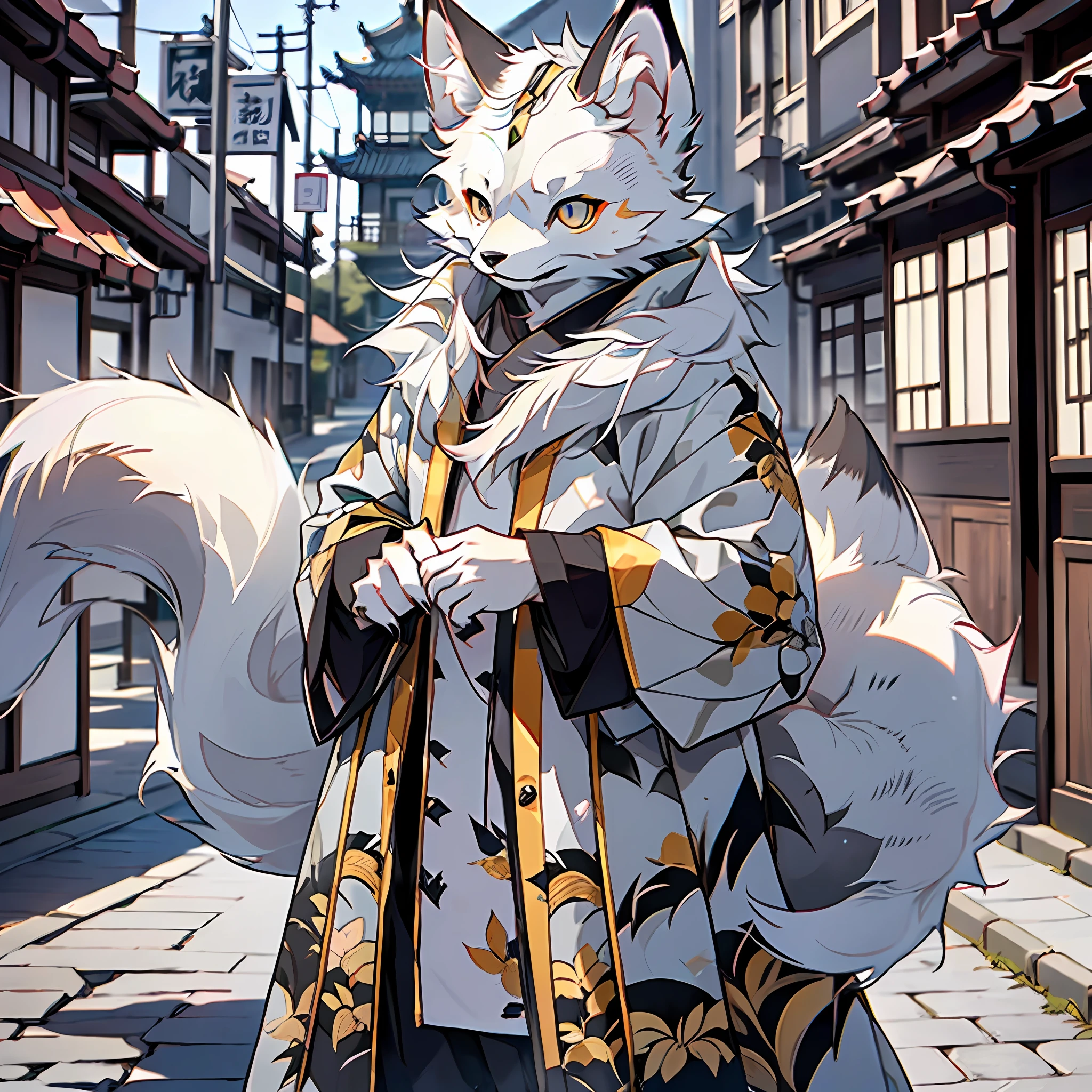 high detail, hyper quality, high resolution, 1080P, solo, furry, (male arctic fox: 1.5), (gray fur: 1.3), gray skin, gray ears, golden eyes, sharp claws, (fluffy tail: 1.2), wearing a Chinese robe, standing on a street in traditional Chinese style with his hands on his back