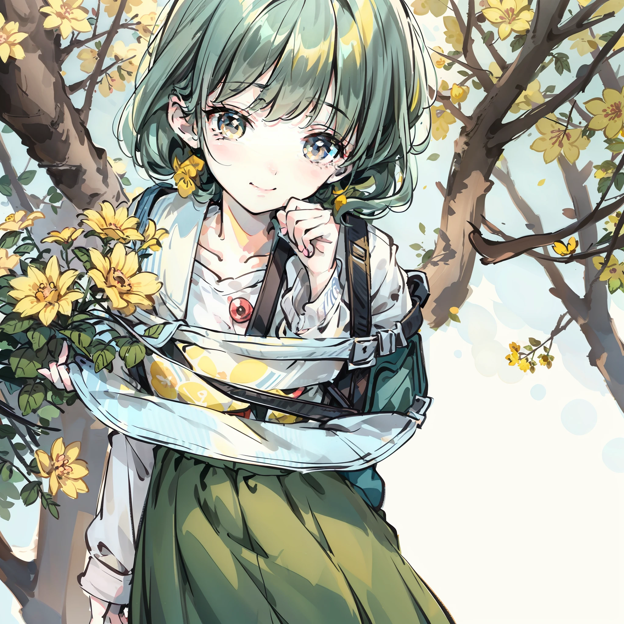 Tip: A very charming little girl with a backpack and her adorable puppy enjoying a lovely spring outing surrounded by beautiful yellow flowers and nature. The illustration is a high-definition illustration in 4K resolution with highly detailed facial features and cartoon-style visuals.