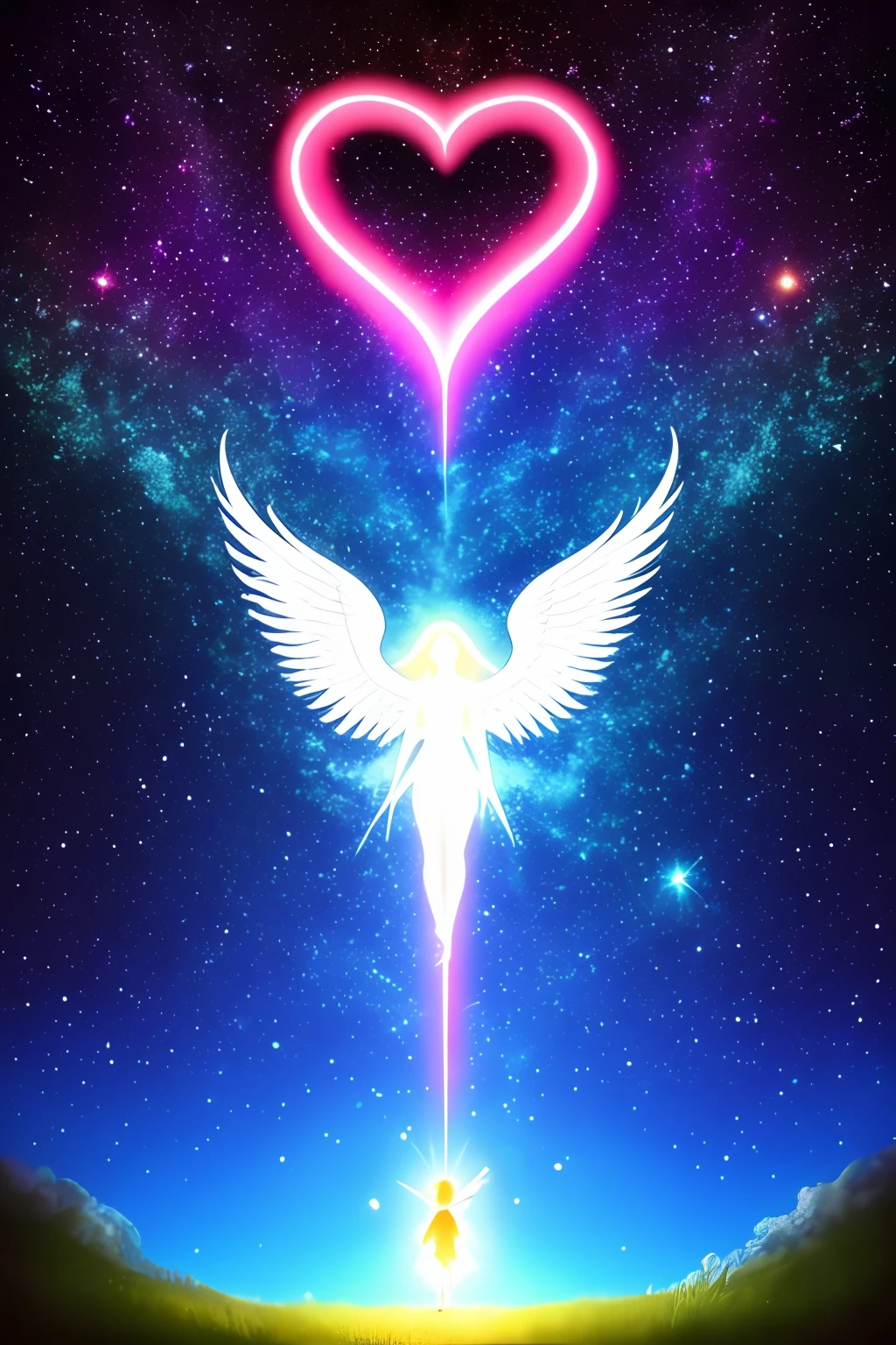 encounter, angel, love, trust,, compassion, glowing, bright background, wonderful, sky view, , best, best quality, heart, glitter, milky way galaxy, tanabata
