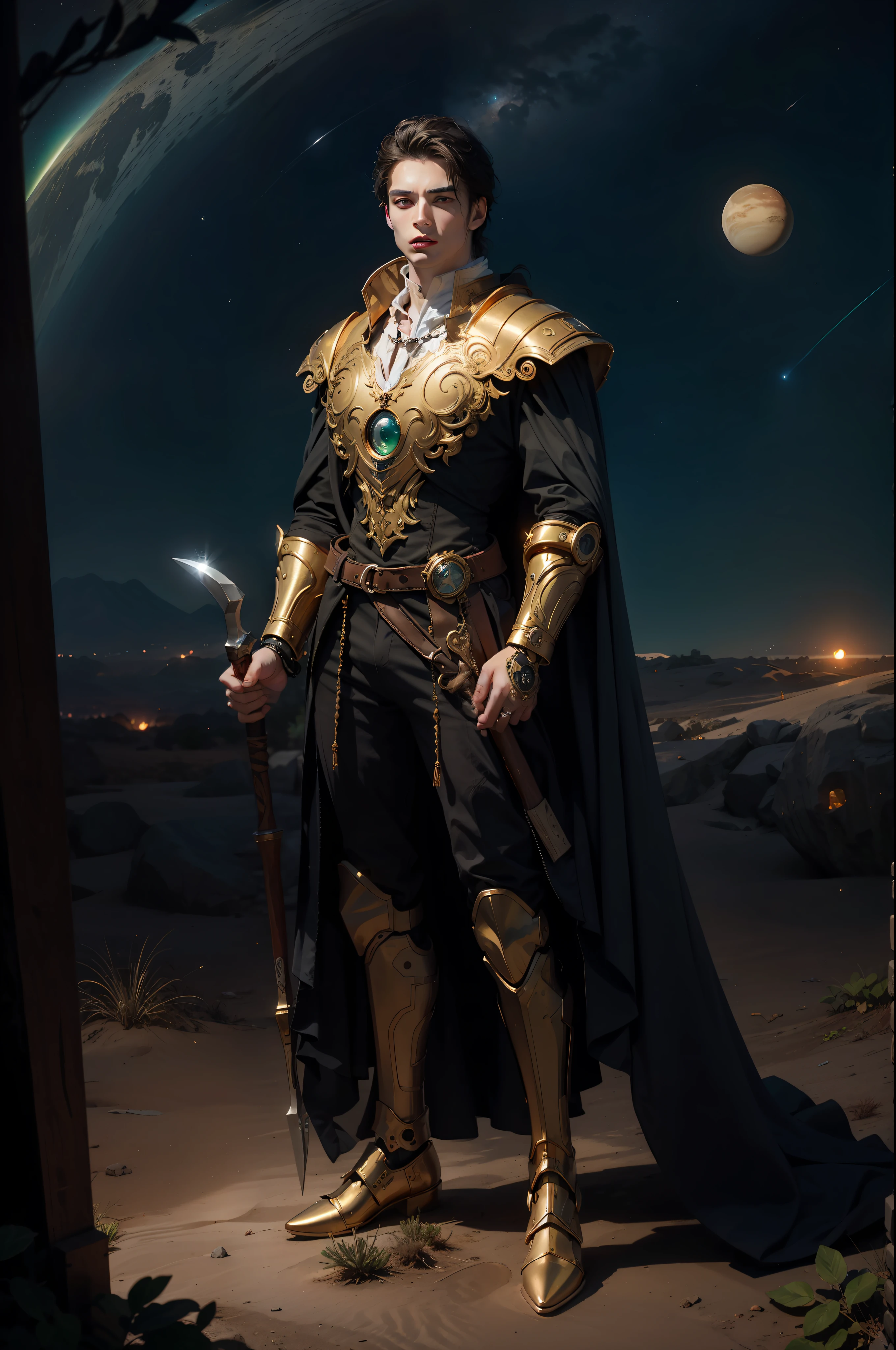 Extra terrestrial humanoid male, magical and technological being, holding a technological staff, holding a magic axe, elegant, mouth with vampire teeth, eyes of golden color (ultra details), full body, intricate details, medium plane viewing angle, clothes with mechanical plates in gold and green color, robotic parts, desert landscape with sky showing various planets and stars, volumetric lights, ultra realistic, 8k, intricate details