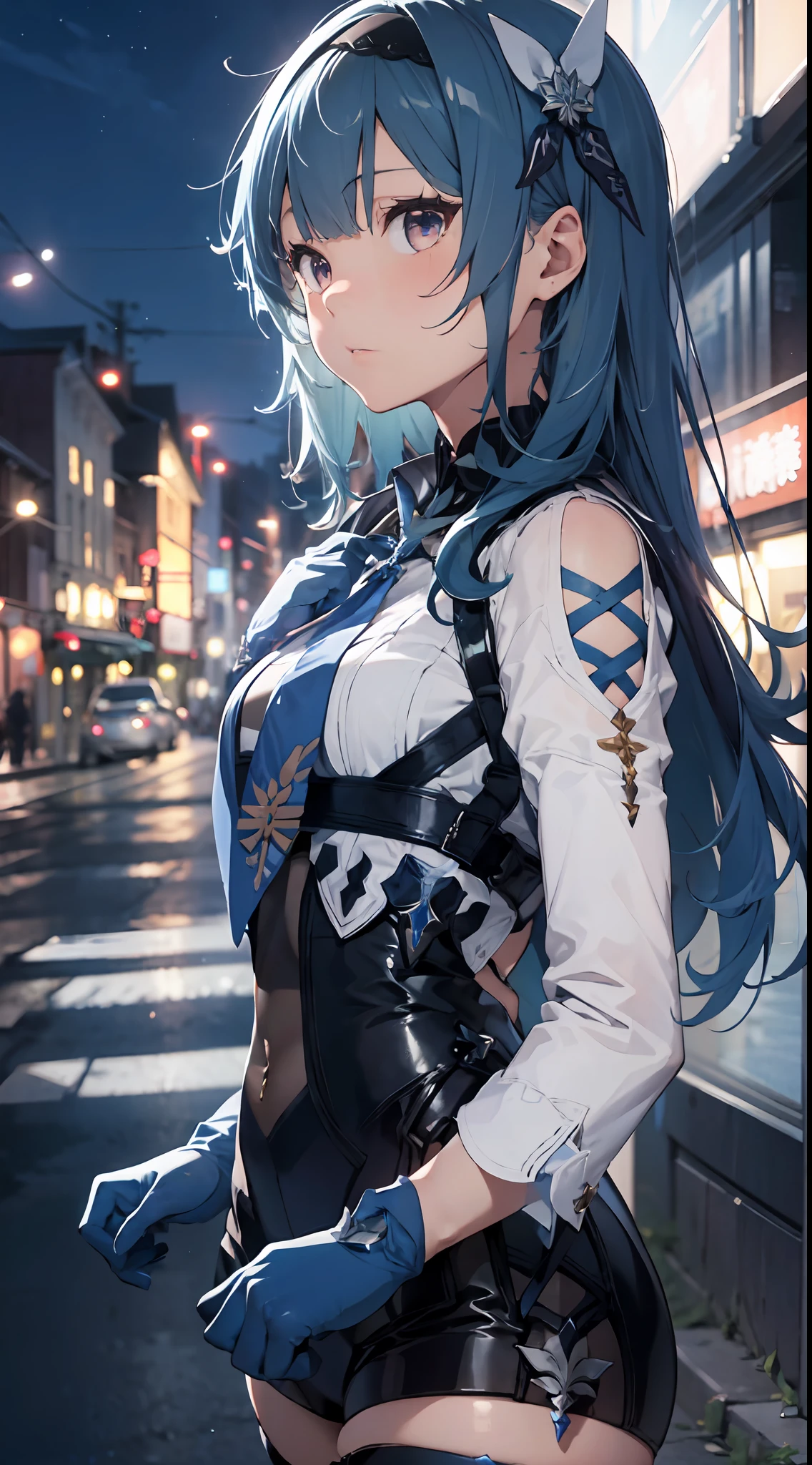 1girl, (solo:1.2), ((masterpiece)), [slim], (small chest), ((detailed eyes)), (bokeh effect), medium shot, euladef, (light blue hair), short hair, black hairband, (blue gloves), (blue tie), elegant