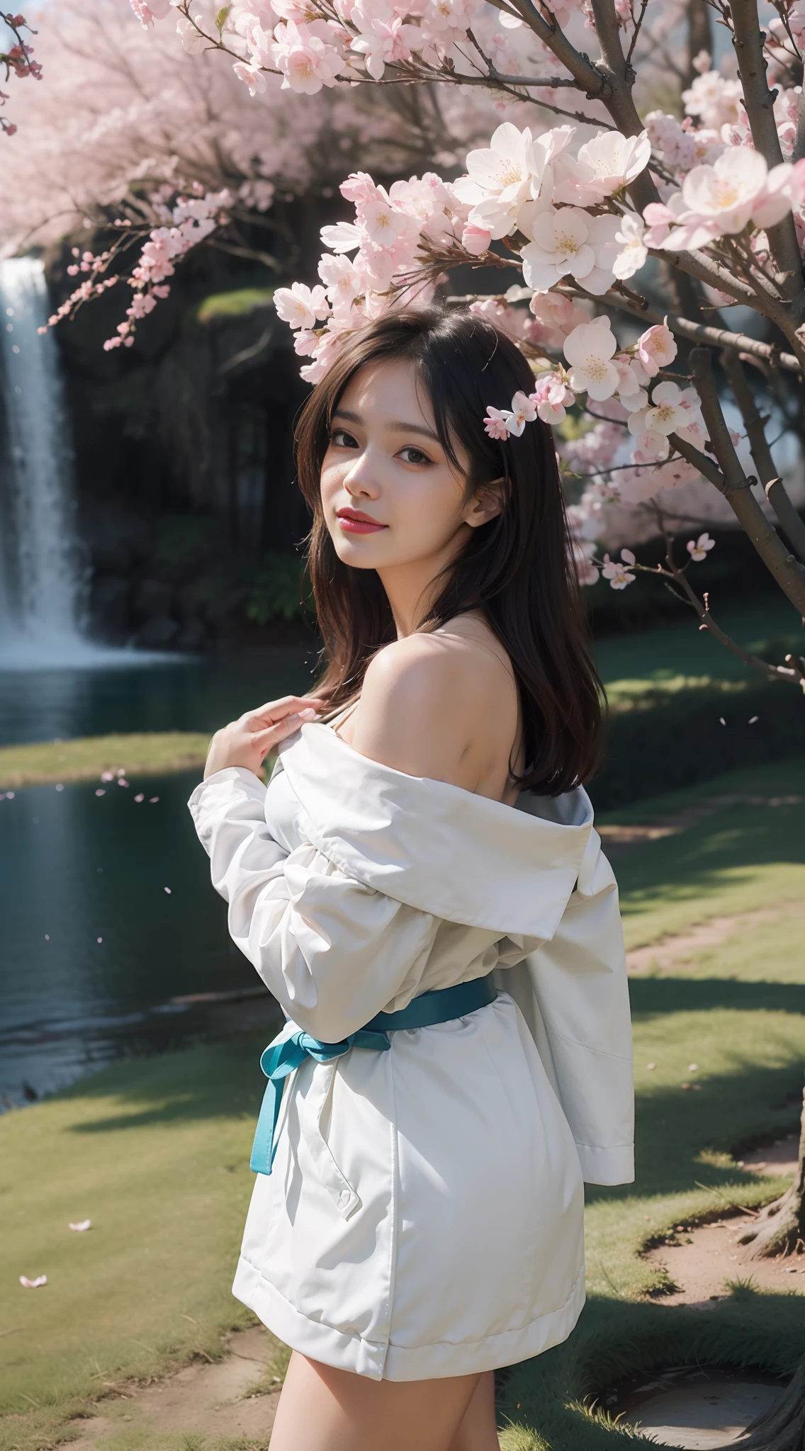 Best Quality, Masterpiece, Ultra High Resolution, (Realism: 1.4), Original Photo, 1girl, Offshoulder, In the Dark, Deep Shadow, Low Profile, Cold Light, In the Park, Black Stockings, High Heels, Professional Wear (RAW Photo, Best Quality), (Realistic, Photo Realistic: 1.3), Masterpiece, Very Detailed, CG, Unity, 2k Wallpaper, Amazing, Fine Details, Light Smile, Extremely Detailed CG Unity 8k Wallpaper, Huge File Size, Ultra-detailed, high resolution, absurd, soft light, 1 girl, (about 18), ethereal beauty, porcelain-like skin, delicate appearance, golden eyes, small mouth, (Red lips: 1.3), (light smile: 1.3), (teardrops: 0.7), flowing hair, (hairpins: 0.7), (white robe: 1.2), (blue belt: 0.8), (sleeveless: 0.9), (off-the-shoulder: 1.2), (barefoot: 1.1), (floating in the air: 1.3), (glowing aura: 1.4), (suspended petals: 1.2), (butterfly: 1.1), mountains, (fog: 0.9), (waterfall: 0.8), (cherry blossom trees: 1.3), (Asuka: 0.7), (dramatic lighting: 1.2), (film composition: 1.3), (dreams: 1.3) , (Ethereal Music: 1.4)