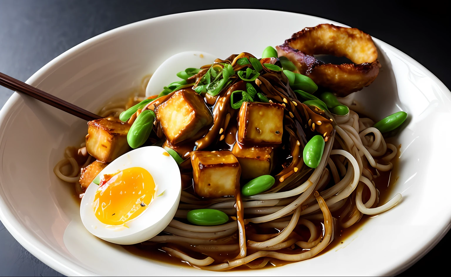 ((Best quality)), ((masterpiece)), (detailed: 1.4), 3D,Malaysian noodle dish, me kari, Chinese egg, dark yellow only noddles, in thick and spicy sauce, bean sprouts and fried tofu, served in green bowl, food photography style with digital sticker style, HD, v 5, highly detailed, 12K, white background, cinematic lighting, hyper realism, high resolution.