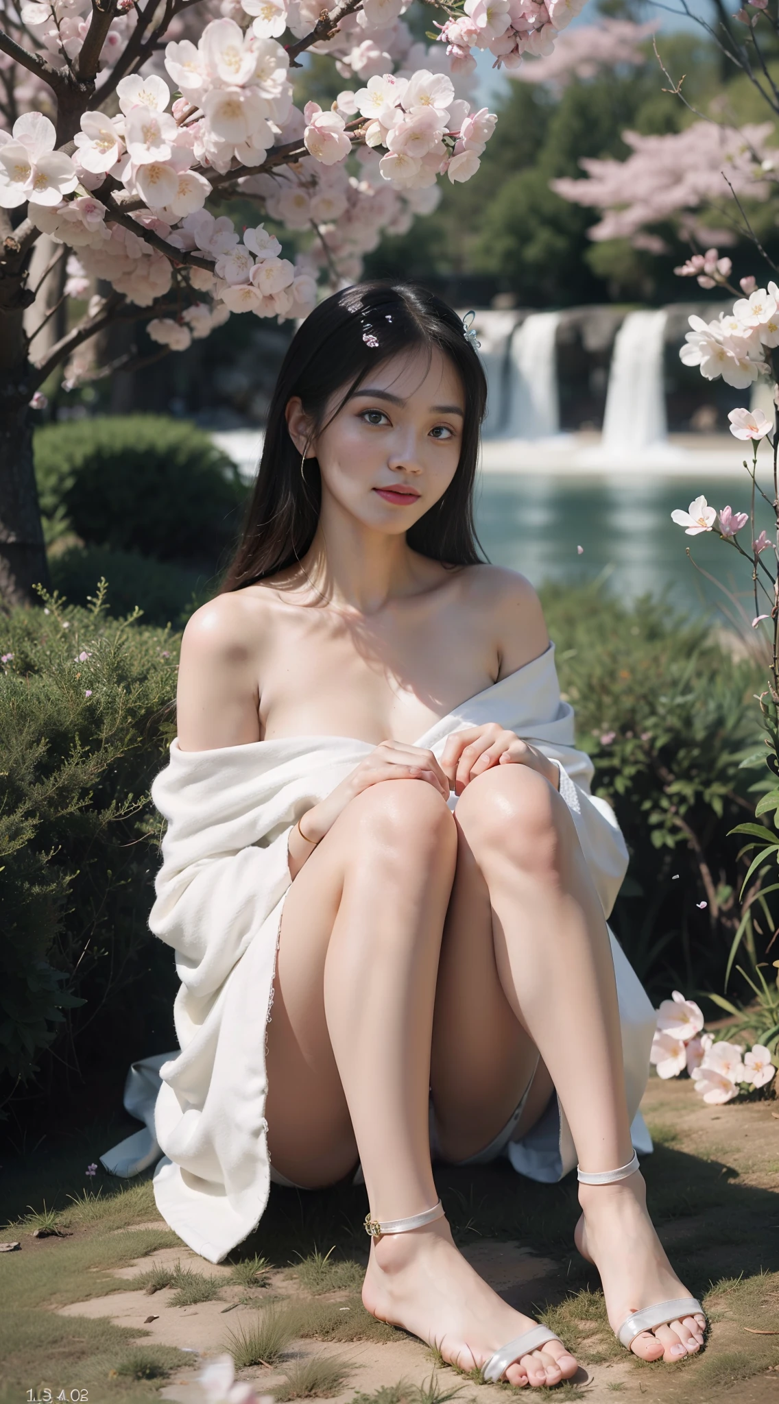 Best Quality, Masterpiece, Ultra High Resolution, (Realism: 1.4), Original Photo, 1girl, Offshoulder, In the Dark, Deep Shadow, Low Profile, Cold Light, In the Park, Black Stockings, High Heels, Professional Wear (RAW Photo, Best Quality), (Realistic, Photo Realistic: 1.3), Masterpiece, Very Detailed, CG, Unity, 2k Wallpaper, Amazing, Fine Details, Light Smile, Extremely Detailed CG Unity 8k Wallpaper, Huge File Size, Ultra-detailed, high resolution, absurd, soft light, 1 girl, (about 18), ethereal beauty, porcelain-like skin, delicate appearance, golden eyes, small mouth, (Red lips: 1.3), (light smile: 1.3), (teardrops: 0.7), flowing hair, (hairpins: 0.7), (white robe: 1.2), (blue belt: 0.8), (sleeveless: 0.9), (off-the-shoulder: 1.2), (barefoot: 1.1), (floating in the air: 1.3), (glowing aura: 1.4), (suspended petals: 1.2), (butterfly: 1.1), mountains, (fog: 0.9), (waterfall: 0.8), (cherry blossom trees: 1.3), (Asuka: 0.7), (dramatic lighting: 1.2), (film composition: 1.3), (dreams: 1.3) , (Ethereal Music: 1.4)