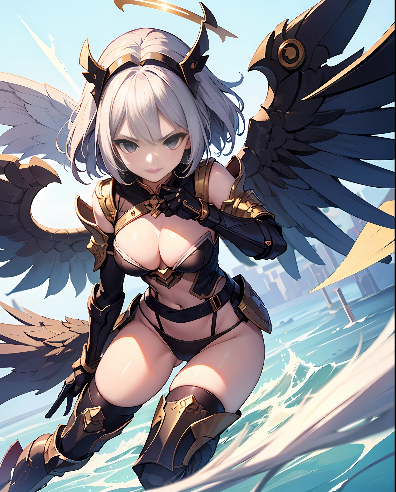 fantasy, 1angel_girl,child, loli,, medium_bob_hair, long_bangs, halo,bare_shoulder,thighhighs,silver_armor, waist_armor, large_breasts,angry,smile, 1pair_wings, dynamic_ pose_fighting,floating, bare_crotch, headgear,gauntlet, greaves,city_sky_background,slightly_spread_legs, solo, groin_naked,(masterpiece, best quality, best quality, official art, beautiful and aesthetic:1.2), (1 girl), very detailed,