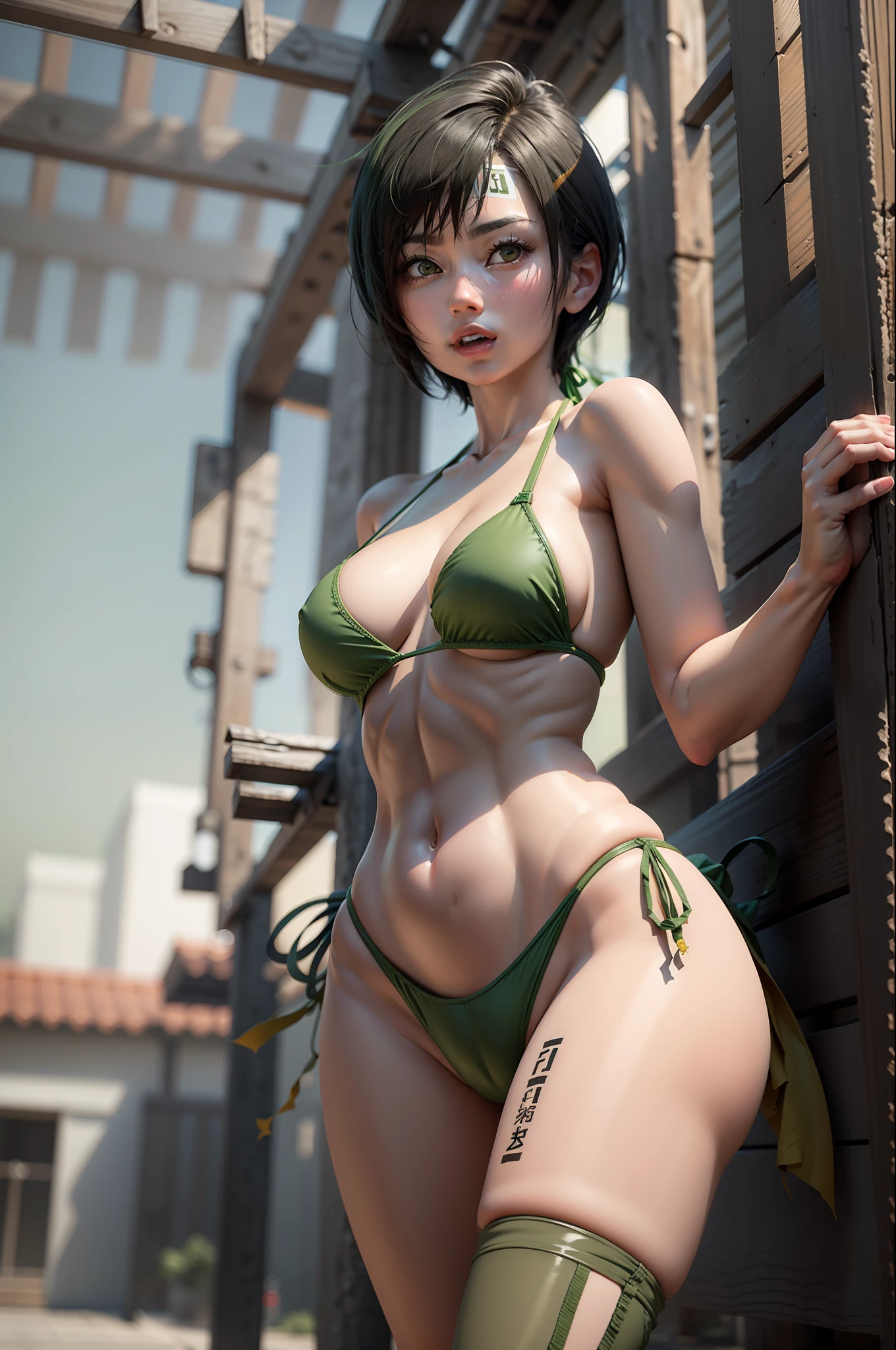 masterpiece, best quality,3d render ,3DMM style,close-up, 3D,1girl, solo, black hair, realistic, upper body, japanese temple in the background, sexy expression, makeup, (small perky breasts) realistic natural breasts, cleavage, standing, arched back, cameltoe, (green micro bikini:1.5), (short black hair:1.2) big ass, view from behind, yuffie, petite, slim, toned abs