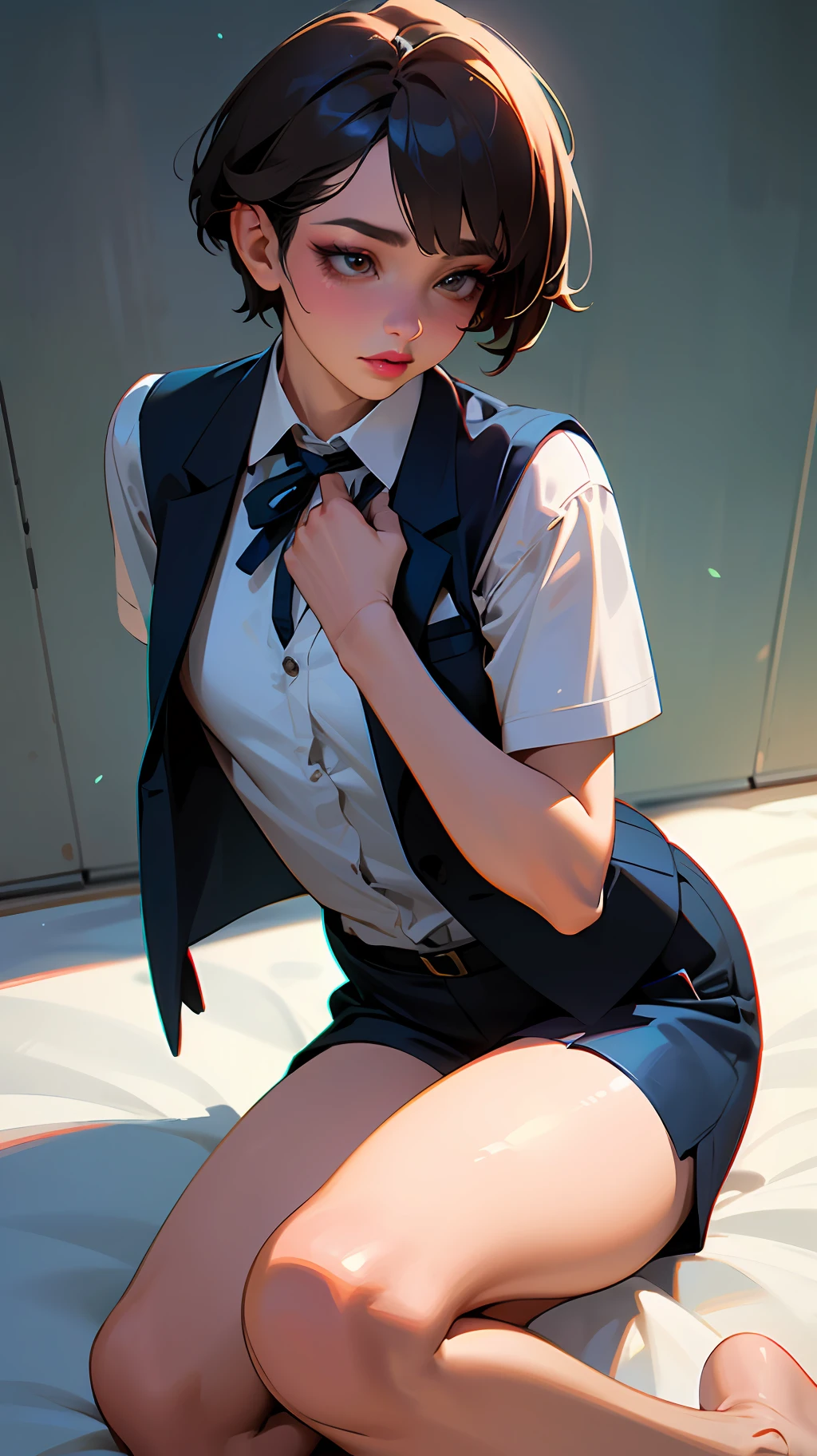 (8K, top quality, masterpiece: 1.2), (realistic, photorealistic animation tone: 1.37), ultra high definition, office boy in office clothes. Beautiful and delicate man. Nayoyaka. Makeup. Lipstick. White blouse, chest ribbon and navy vest. Navy shorts with exposed thighs. --auto