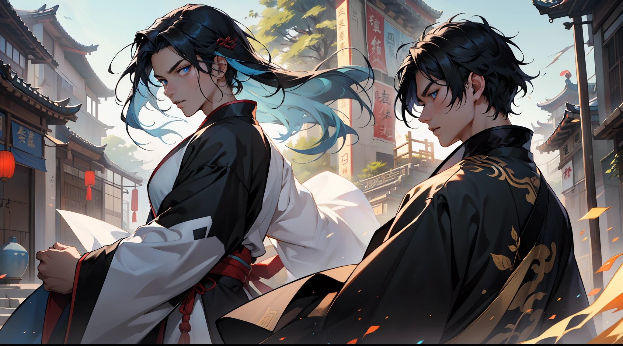 ((((agirl))), (((Blue Eyes))),(((Long Blue hair))),Light blue dress with white light gauze jacket, young woman graceful and dignified, )与( (((1boy))),(((aboy))).(((Black coat))),((Black Hanfu youth)),((black clothes)) , (((Black hair))), kingly air, gorgeous, handsome, outstanding temperamen,)抱在一起,爱情(背景:在中国古代神圣、富丽堂皇的宫殿中)。