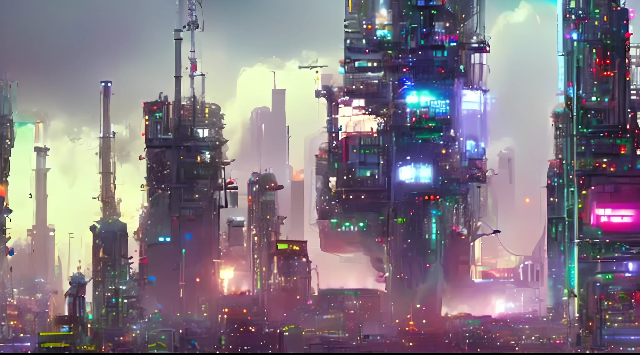 Panoramic of a futuristic city with very tall futuristic buildings, spaceships in the sky, a lot of cyberpunk style neon, people wearing futuristic clothes with covers and transparent plastic overcoats, wet floors, neon advertisements, robots and androids walking on the street along with humans. Detailed scene, cinematic, realistic, uhd, 8k, award-winning photography.