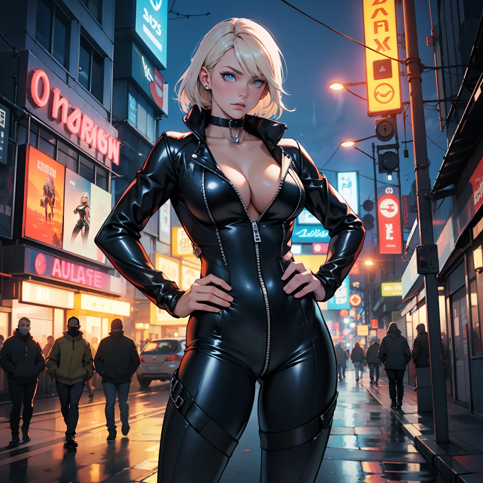 voroshilov, 1girl,solo,large breasts,(latex bodysuit),full-length zipper, partially unzipped, cleavage, collarbone, hand on hip, outdoors,cityscape, night,neon lights, --auto