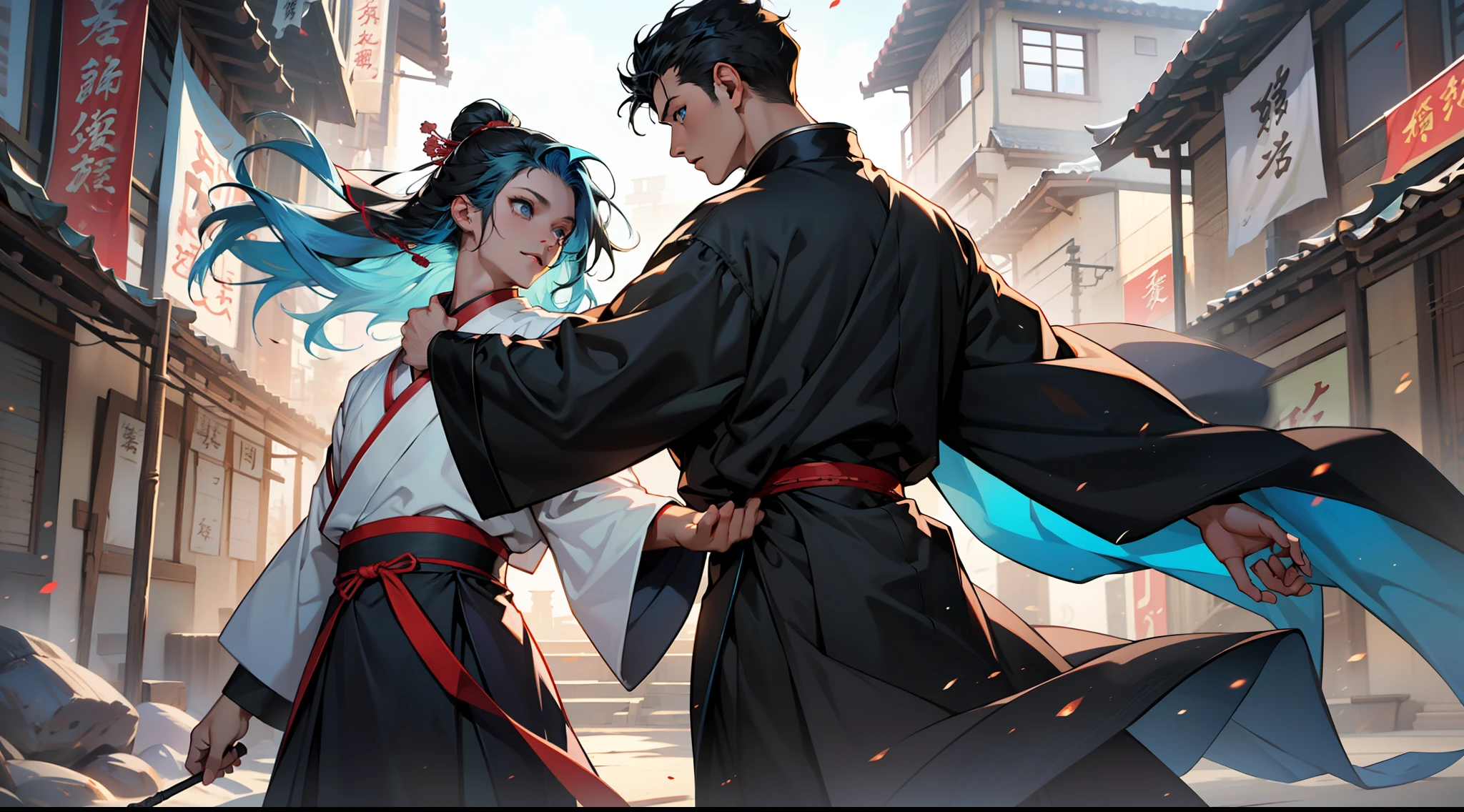 （(((agirl))), (((Blue Eyes))),(((Long Blue hair))),Light blue dress with white light gauze jacket, young woman graceful and dignified, ）与（ (((1boy))),(((aboy))).(((Black coat))),((Black Hanfu youth)),((black clothes)) , (((Black hair))), kingly air, gorgeous, handsome, outstanding temperamen,）抱在一起，爱情（背景：在中国古代神圣、富丽堂皇的宫殿中）。
