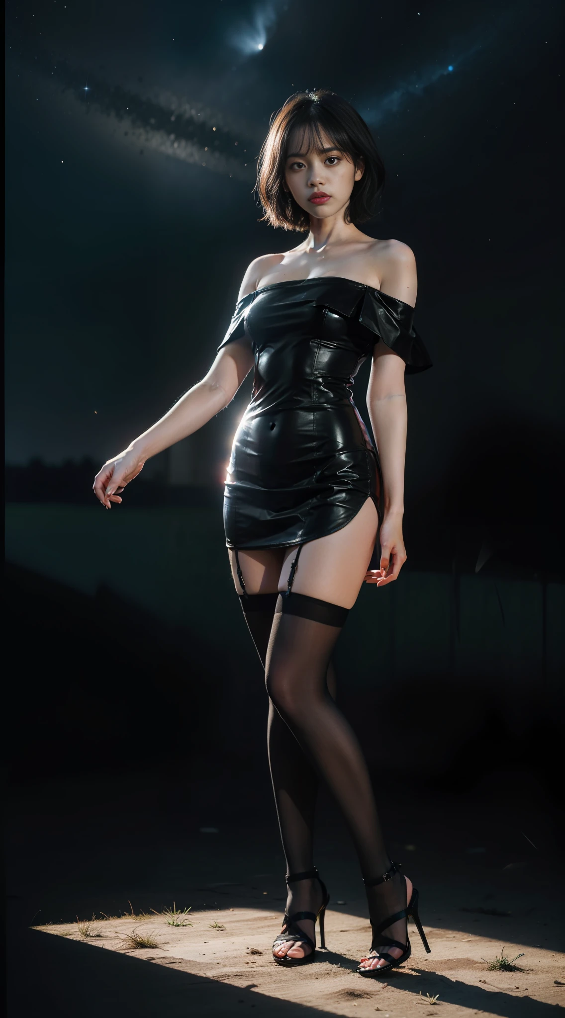 Best Quality, Masterpiece, Ultra High Resolution, (Realism: 1.4), Original Photo, 1girl, Offshoulder, In the Dark, Deep Shadow, Understated, Cold Light, In the Park, Black Stockings, High Heels, Career Wear [(White Background: 1.5),::5] Hexagon, Medium Scene, Full Body, (Scary Atmosphere), Tyndall Effect, (Balance and Coordination Between Everything), Absurdity, Blue Flame, Plasma, Particle Effect, Crystal Clear Texture, star_\(sky\), space, starry sky_sky, blue_eyes, galaxy, solo, short hair, earth_\ (planet\), lighting, light, dynamic angle, depth of field, light and shadow, real light and shadow, diffuse