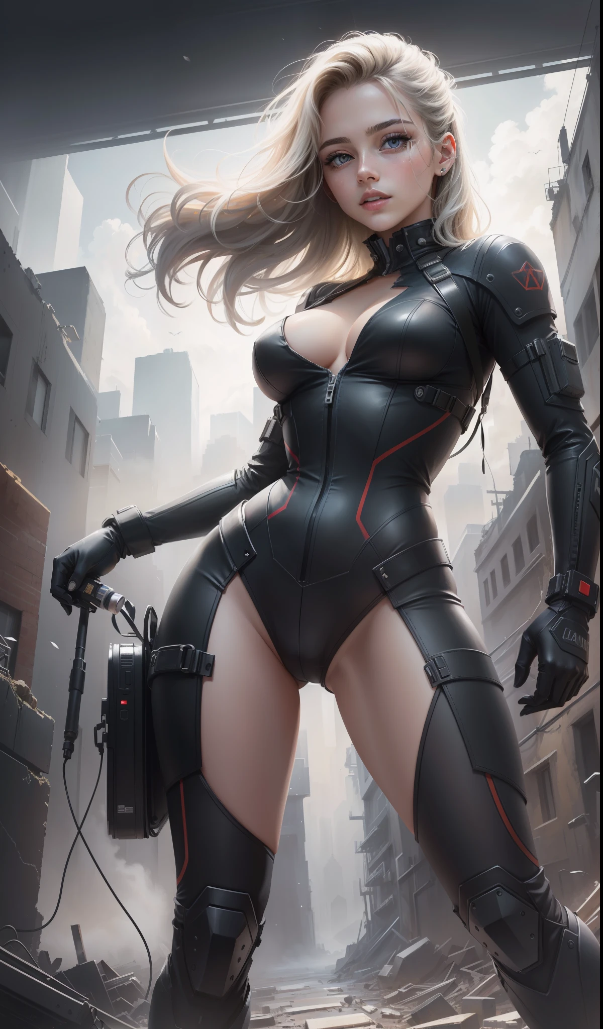 1girl:1.3), solo, ((very detailed face)))), ((very detailed eyes and face))), beautiful detail eyes, body parts__, official art, unified 8k wallpaper, super detailed, beautiful and beautiful, beautiful, masterpiece, best quality, original, masterpiece, super fine photo, best quality, super high resolution, realistic realism, sunlight, full body portrait, amazing beauty, , dynamic pose, delicate face, vibrant eyes, (from the front), She wears a combat suit, black and white color scheme, female military uniform, very detailed abandoned warehouse background, detailed face, detailed complex busy background, messy, gorgeous, milky white, highly detailed skin, realistic skin details, visible pores, clear focus, volumetric fog, 8k uhd, DSLR camera, high quality, film grain, fair skin, photo realism, lomography, futuristic dystopian giant metropolis, seen from below, translucent