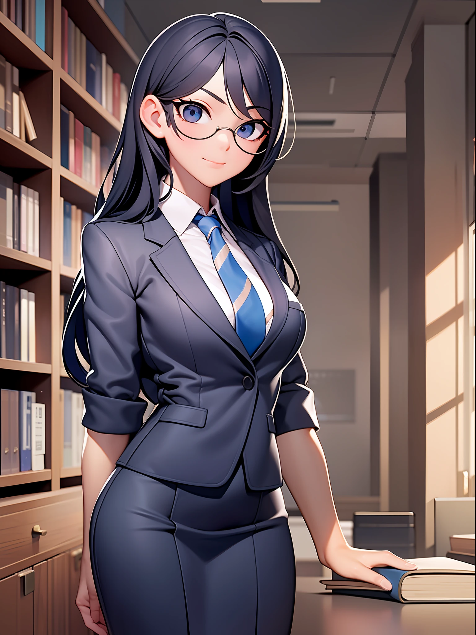 An elegant girl is wearing a flawless suit in a fancy office. Your suit fits perfectly to the body, in a classic color such as black, gray or navy blue. She wears a white button-down shirt and a refined tie that complements her attire. To add a distinctive touch, she sports a monocle in her right eye, giving it an air of mystery and sophistication. Her hair is combed elegantly and she maintains a confident posture as she works at her desk. The office is well lit and organized, with bookshelves full of books and a panoramic view of the city. The girl exudes professionalism and determination, ready to face any challenge that arises in her corporate environment.