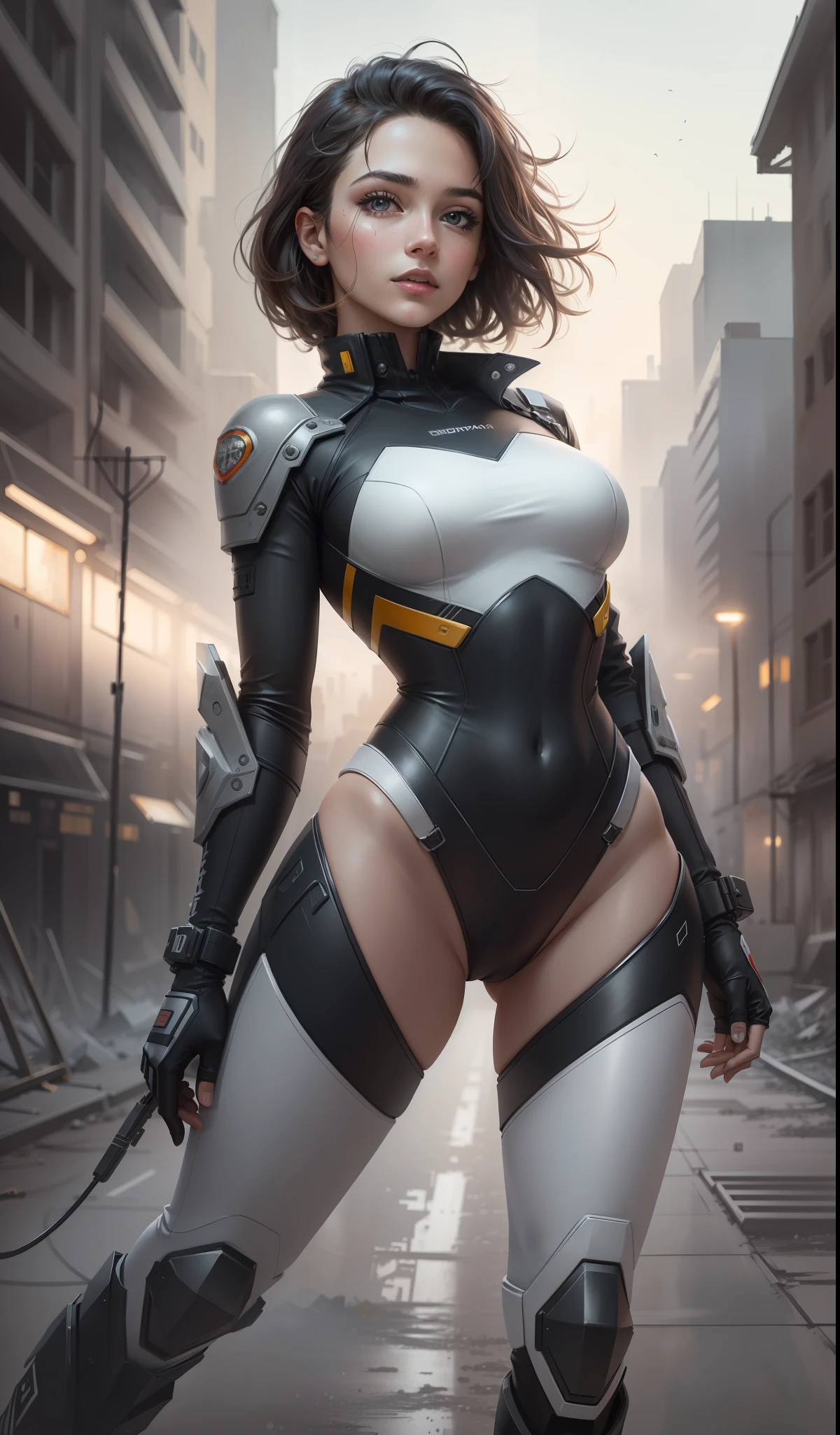 1girl:1.3), solo, ((very detailed face)))), ((very detailed eyes and face))), beautiful detail eyes, body parts__, official art, unified 8k wallpaper, super detailed, beautiful and beautiful, beautiful, masterpiece, best quality, original, masterpiece, super fine photo, best quality, super high resolution, realistic realism, sunlight, full body portrait, amazing beauty, , dynamic pose, delicate face, vibrant eyes, (from the front), She wears a combat suit, black and white color scheme, female military uniform, very detailed abandoned warehouse background, detailed face, detailed complex busy background, messy, gorgeous, milky white, highly detailed skin, realistic skin details, visible pores, clear focus, volumetric fog, 8k uhd, DSLR camera, high quality, film grain, fair skin, photo realism, lomography, futuristic dystopian giant metropolis, seen from below, translucent