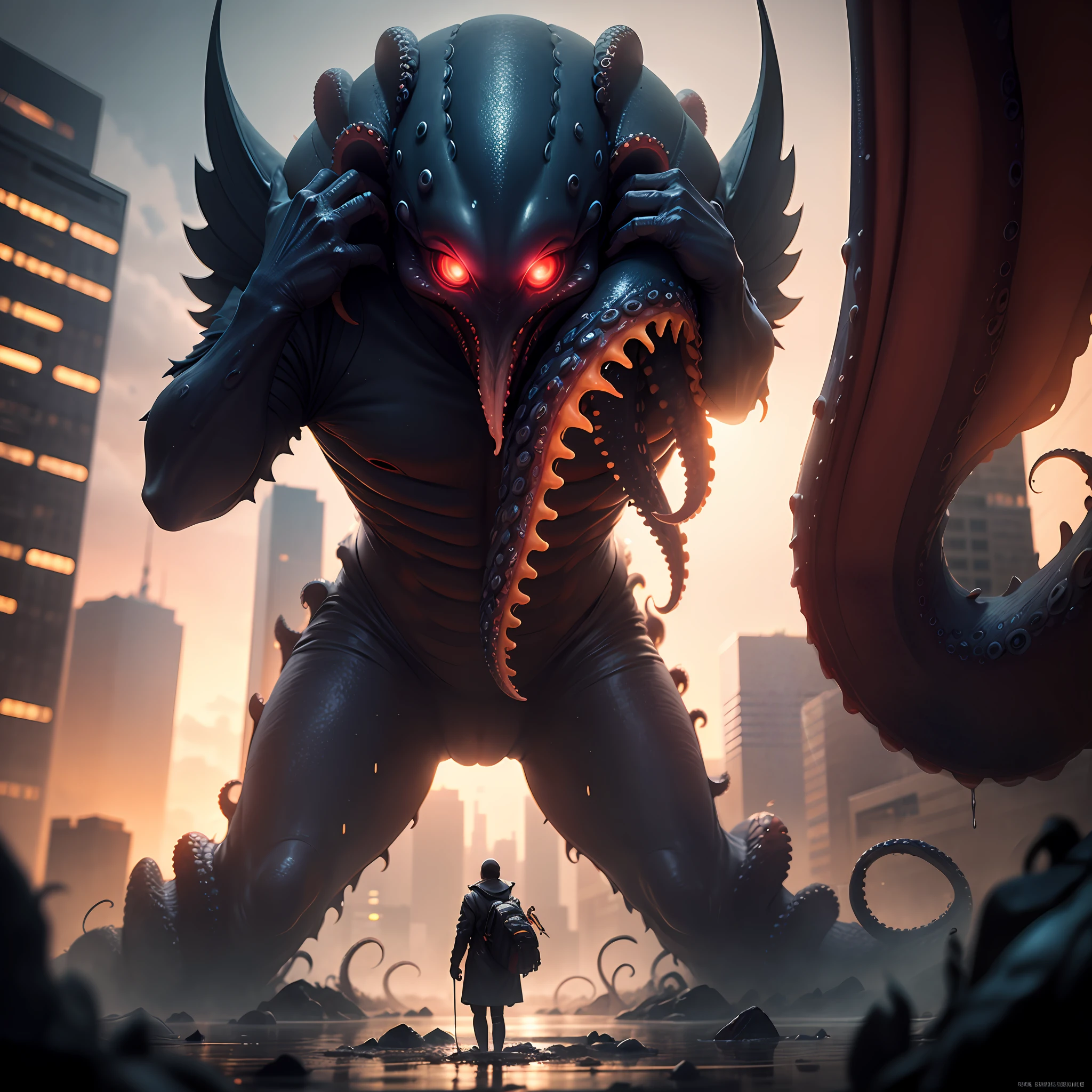 (OHWX) (An octopus-like monster with tentacles, wings, claws, many red glowing eyes and slimy body) the surface of the body is wet with mucus, looking up at a huge figure, night view of the building city, disturbing scene, close-up, photography, natural light, photorealism, cinematic rendering, ray tracing, Best Quality, Best Detail, Cinematic, Third Person View, Blur Effect, Long Exposure, 8K, Ultra HD, Natural Lighting, Moody Lighting, Cinematic Lighting --auto