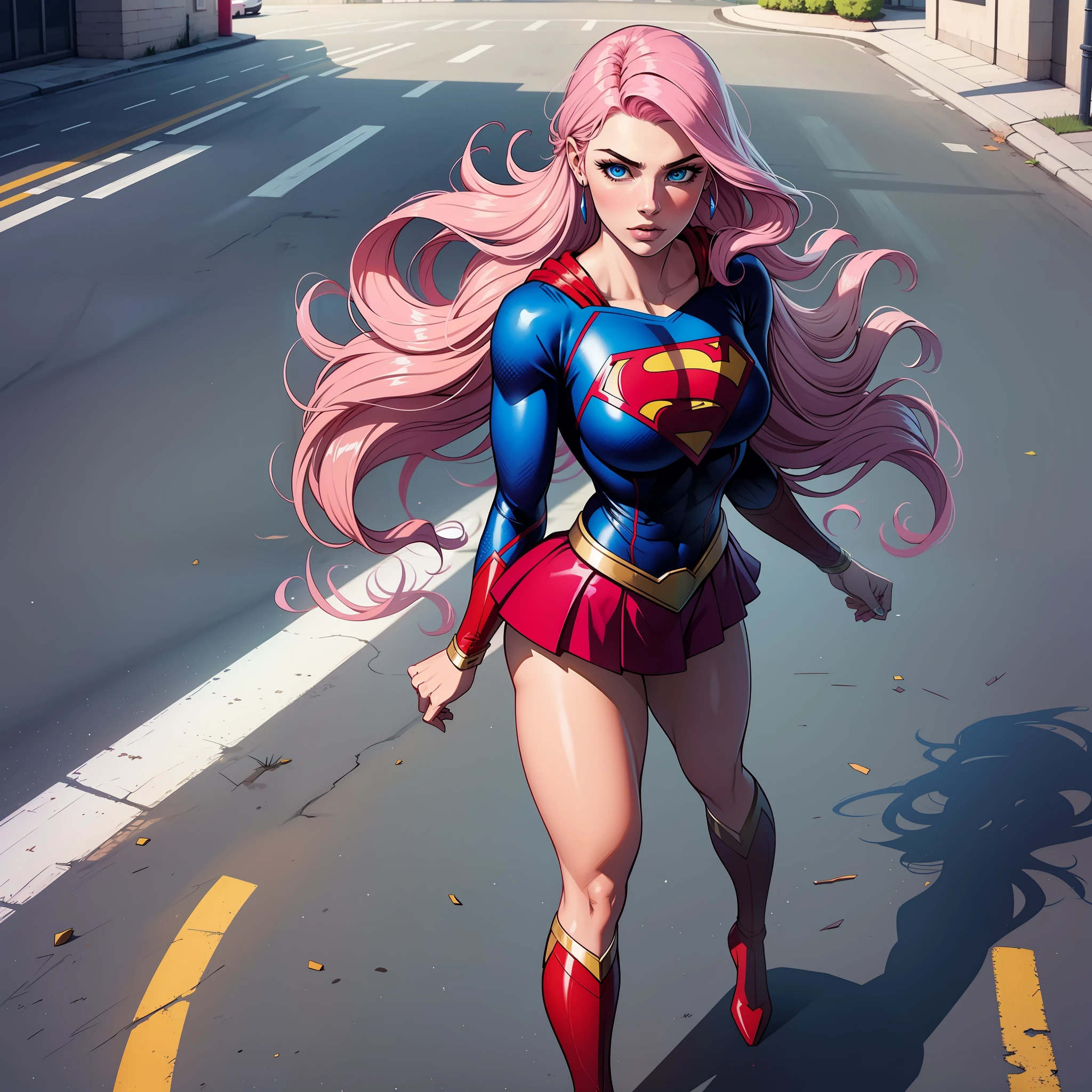 A woman alone, pink hair, long hair, blue eyes, on the empty street, Supergirl costume