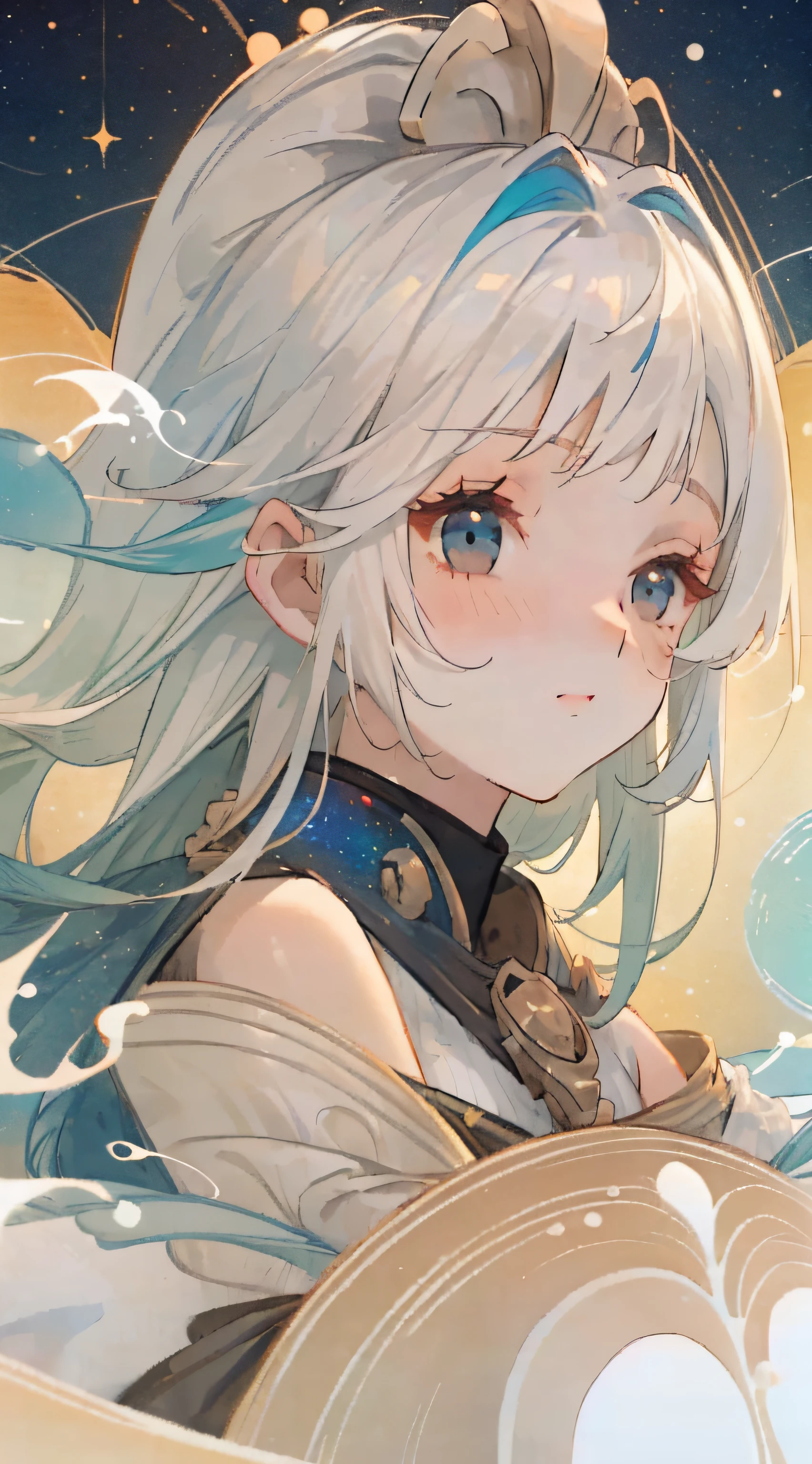-((masterpiece)), (((best quality))), ((ultra-detailed)), ((illustration)),[realism light effect],shadow,(Fantasy style),(white background:1.6), simple background, (earth theme), (a cloak) [(hair focus, ((1girl)), [(big slime hair): (cloud hair): 0.3], (hair on background), (high saturation), (colorful_galaxy_print_clusters_of_stars_print:1.35), (detailed starry sky with colorful galaxies and galactic clouds) :1.2)):0.35], (((Masterpiece))), ((Best Quality))), ((Ultra Detailed)), (Illustration), (Dynamic Angle), ((Floating)), (Paint), ((Unkempt Hair)), ((Long Hair)), ((Beautiful Delicate Face)), Collar, Bare Shoulders, Gray Hair, ((Colorful Hair)), ((Striped Hair)), Beautiful Delicate Eyes, (Gradient Eyes), (((Colored Eyes))), (((Colored Background))), ( High saturation))), ((surrounded by colorful splashes))), (surrounded by colorful dot))), colorful bubble, ((shining))