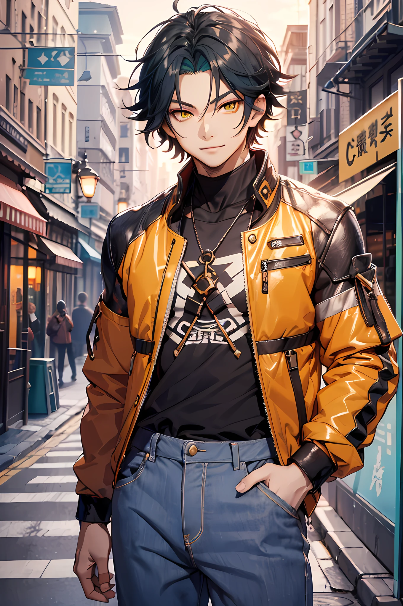 xiao (genshin impact), (absurdres, highres, ultra detailed, HDR), masterpiece, best quality, official, 1boy, solo, handsome, yellow eye, casual clothes, cafe in background, smirk