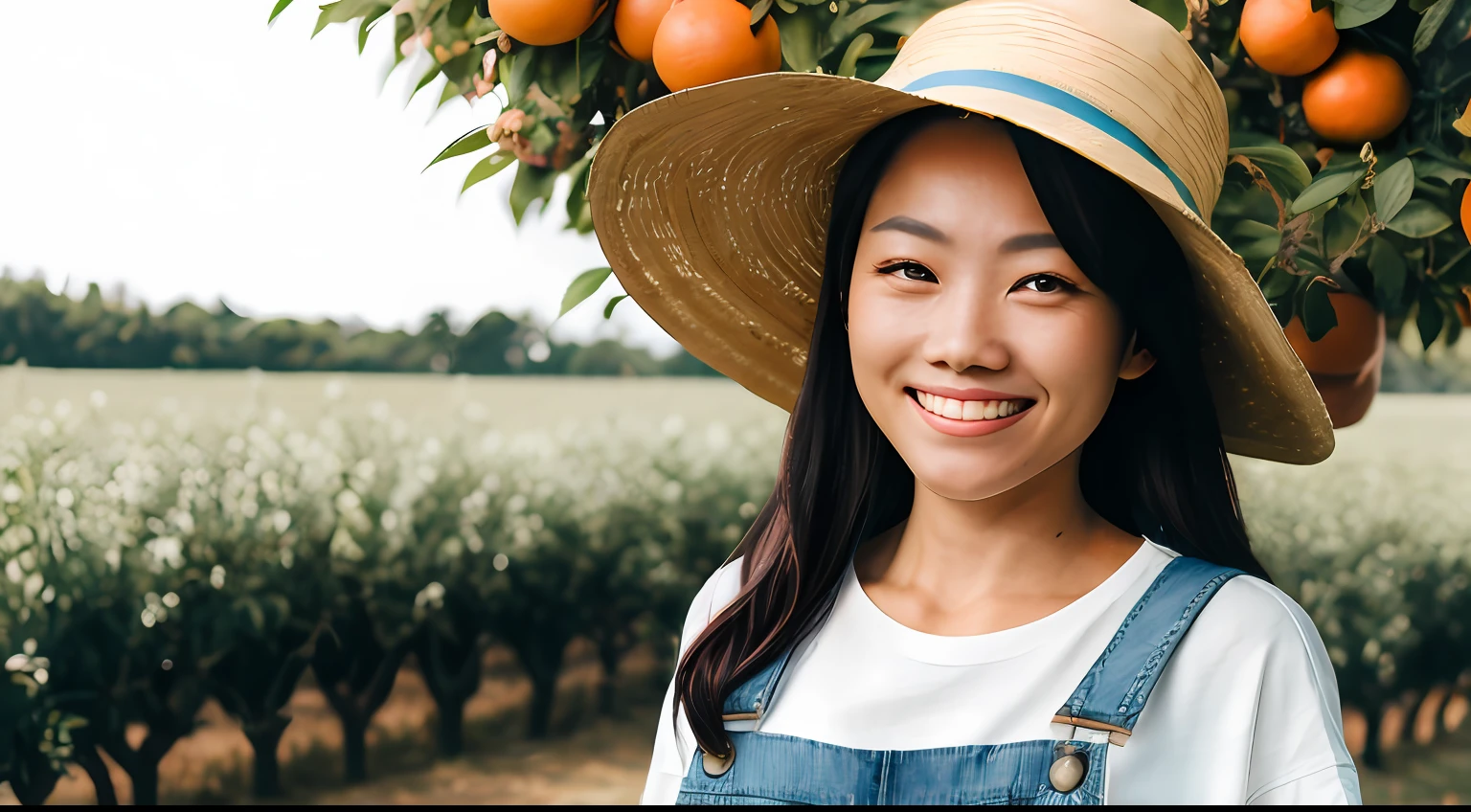Close up portrait of dark-haired girl with long hair, denim overalls, white t-shirt, loose farmhouse hat, looking at camera, high resolution photo of standing in a field of (fruit trees), holding an orange basket, Japan people, Asia, Hinatazaka