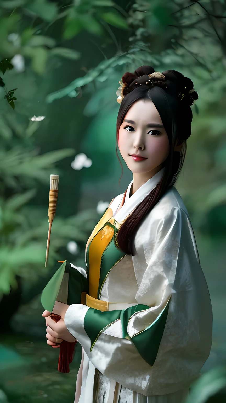 There is a woman in a white dress holding a fan, court, girl in Hanfu, Hanfu, wearing ancient Chinese costume, with ancient Hanfu, white Hanfu, traditional Chinese clothing, ancient Chinese beauty, ancient Chinese princess, traditional Chinese clothing, inspired by Gu An, Chinese woman, portrait shooting, Chinese costume, inspired by Tang Yin