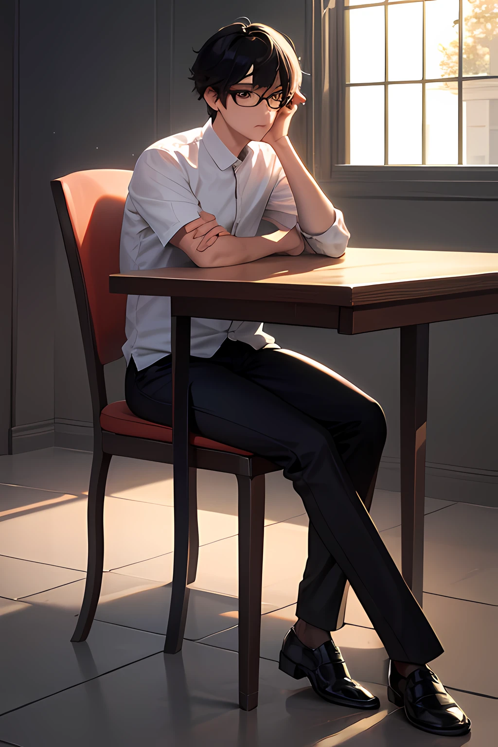 masterpiece, best quality, highres, extremely detailed 8k wallpaper, very clear,
1 boy,Short,Black hair,Black eyes,spectacles,30 years old,White shirt,Black pants,leather shoes
Stand,Cover your nose with your hands,Expressionless,bedchamber,table,file,chair,bed,French window