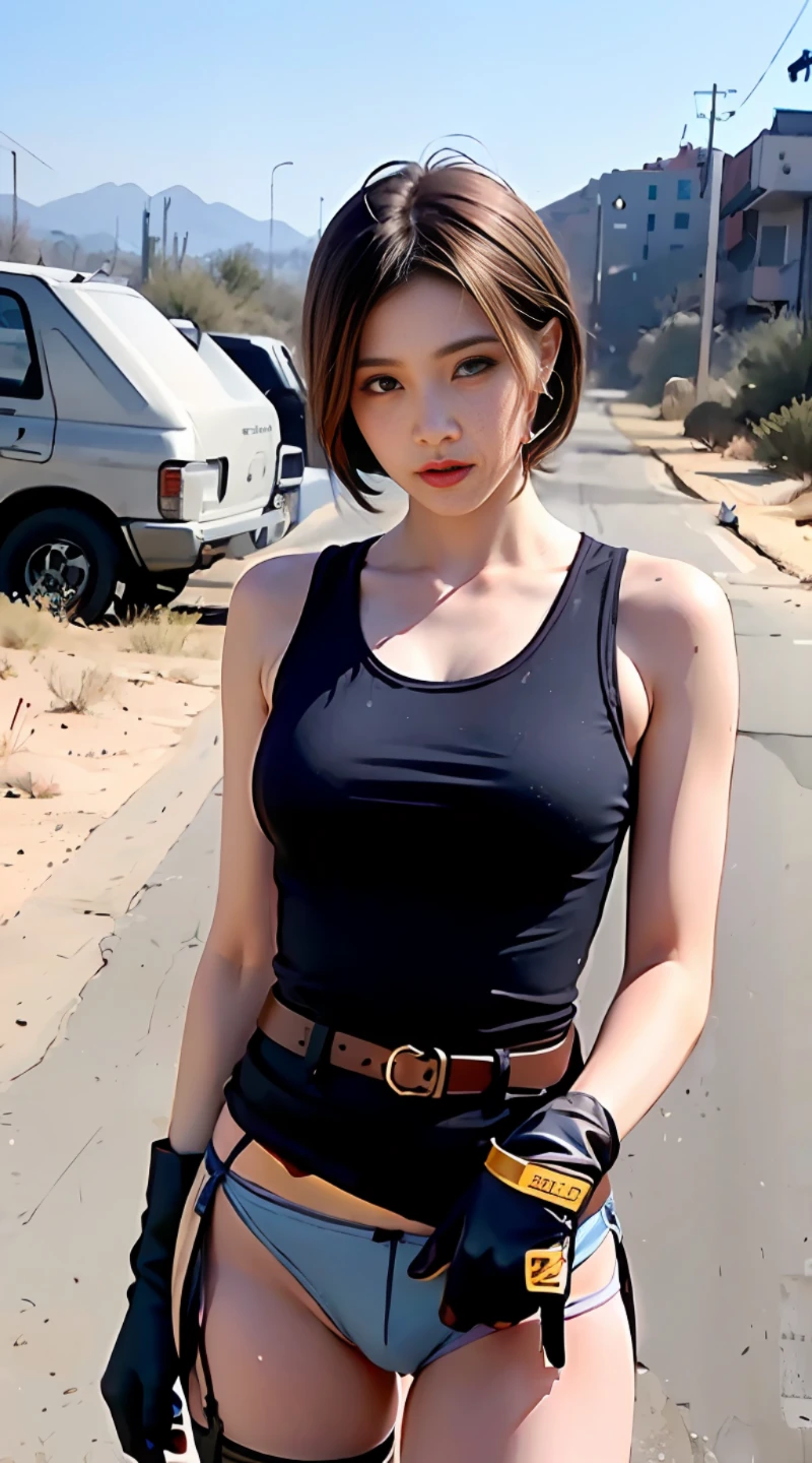 Beautiful brunette woman, sweaty body, short hair, short underwear, slender body, khaki tank top, military belt with lots of cartridges, open finger gloves, large sniper rifle, 8k, ultra-realistic, sunny desert road, destroyed buildings, apocalyptic landscape