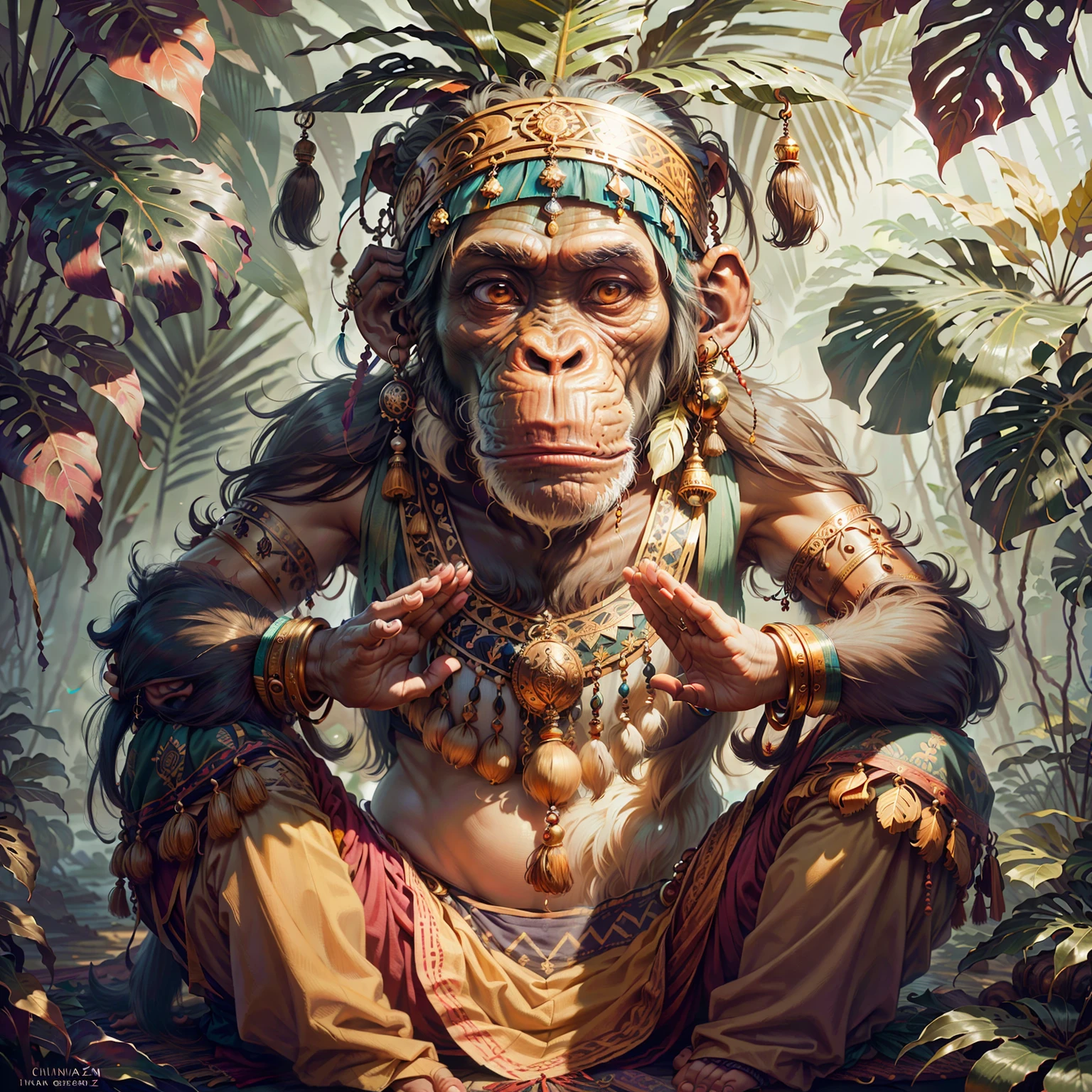 Chimpanzee ((Indian)),, ((with praying hands)),,elegant chimpanzee, hair with details, with indigenous headdress on the head, ((meditating)) colorful feathers, facing the camera, detail: dense tropical foliage, highly detailed intricate, ((masterpiece)), ultra hyperrealistic, masterpiece