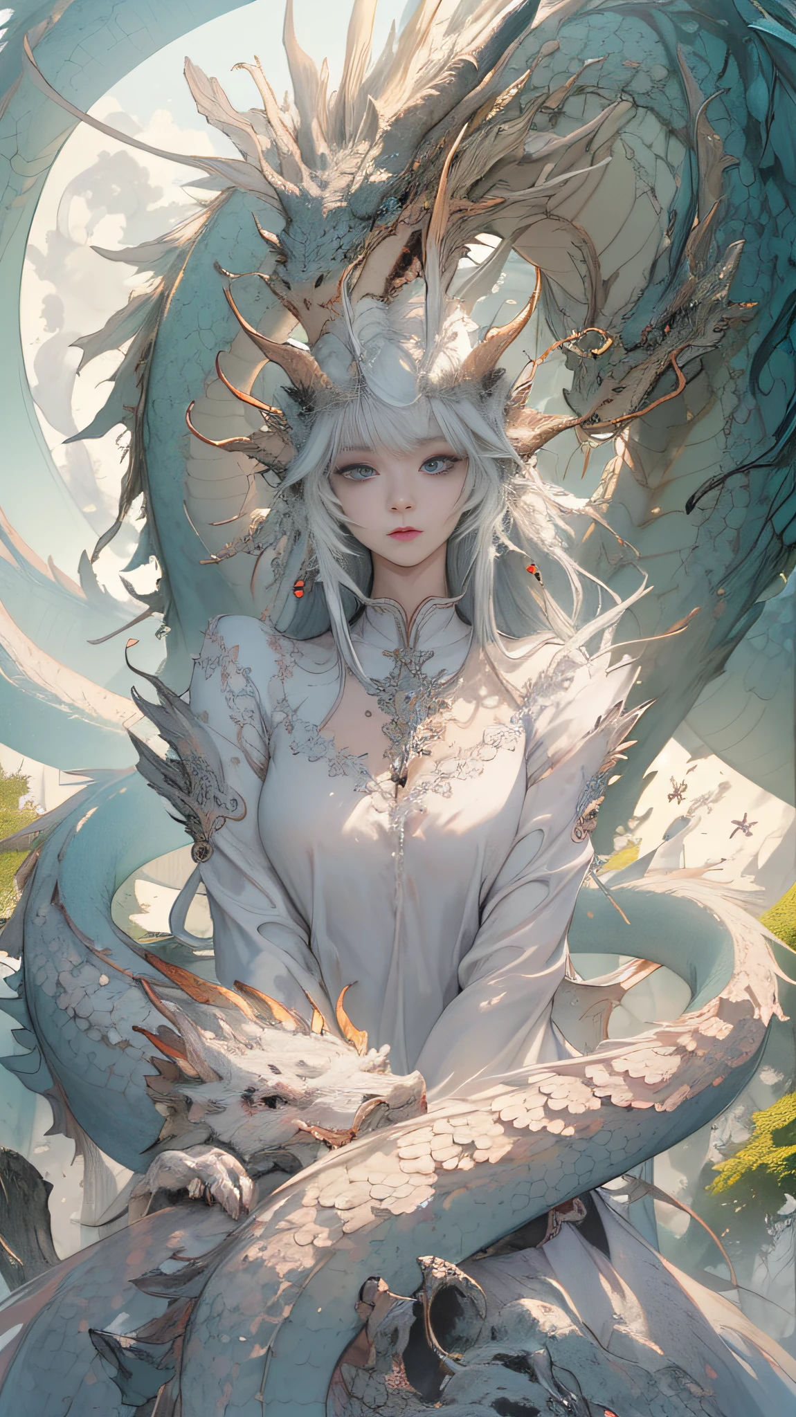 A white divine dragon with white scales, wrapped around a fairy, a fairy with long flowing hair and delicate facial features, wearing a long dress with clear and delicate layers, and a beautiful headdress