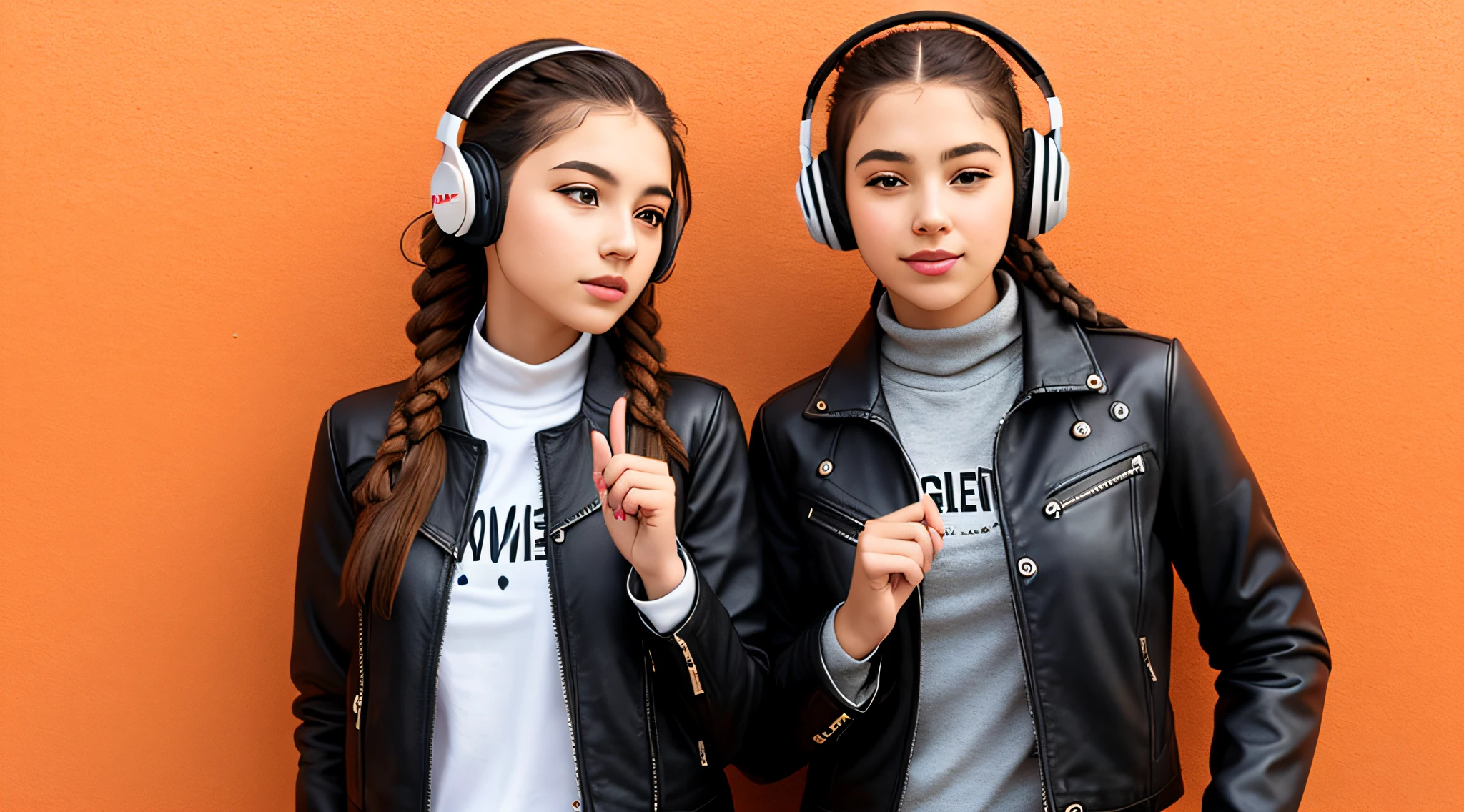  BLONDE CHILD IN BRAIDS, in leather jacket and headphones making peace sign, girl wearing headphones, with headphones, vibrating with music, with headphones, wearing turtleneck and jacket, dressed in short leather jacket, in front of an orange background, wearing a denim jacket, listening to pious music,  Wearing headphones, wearing a leather jacket, she wears a leather jacket