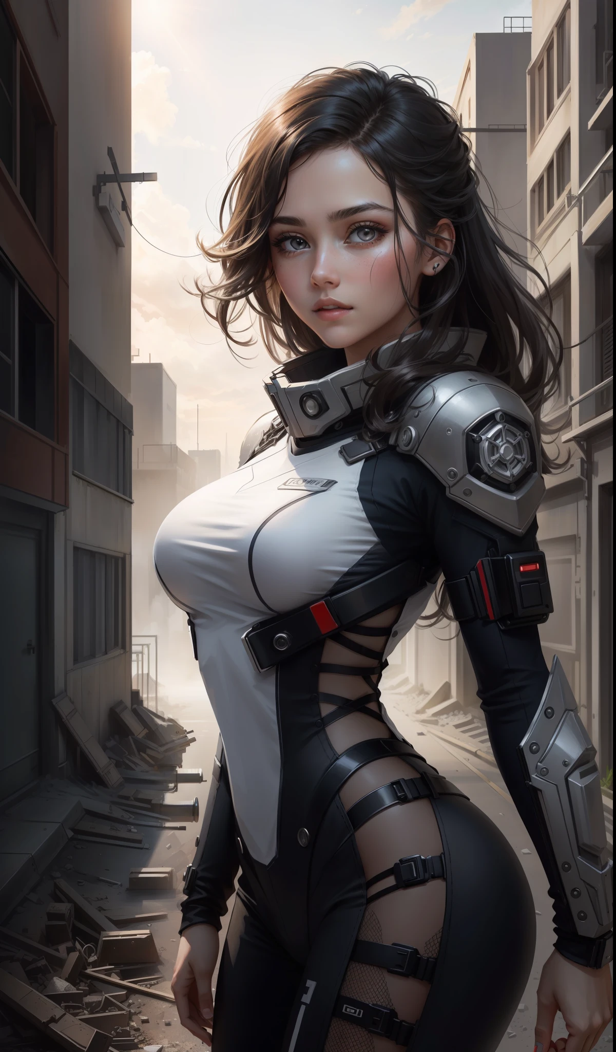 1girl:1.3), solo, ((very detailed face)))), ((very detailed eyes and face))), beautiful detail eyes, body parts__, official art, unified 8k wallpaper, super detailed, beautiful and beautiful, beautiful, masterpiece, best quality, original, masterpiece, super fine photo, best quality, super high resolution, realistic realism, sunlight, full body portrait, amazing beauty, , dynamic pose, delicate face, vibrant eyes, (from the front), She wears a combat suit, black and white color scheme, female military uniform, very detailed abandoned warehouse background, detailed face, detailed complex busy background, messy, gorgeous, milky white, highly detailed skin, realistic skin details, visible pores, clear focus, volumetric fog, 8k uhd, DSLR camera, high quality, film grain, fair skin, photo realism, lomography, futuristic dystopian giant metropolis, seen from below, translucent