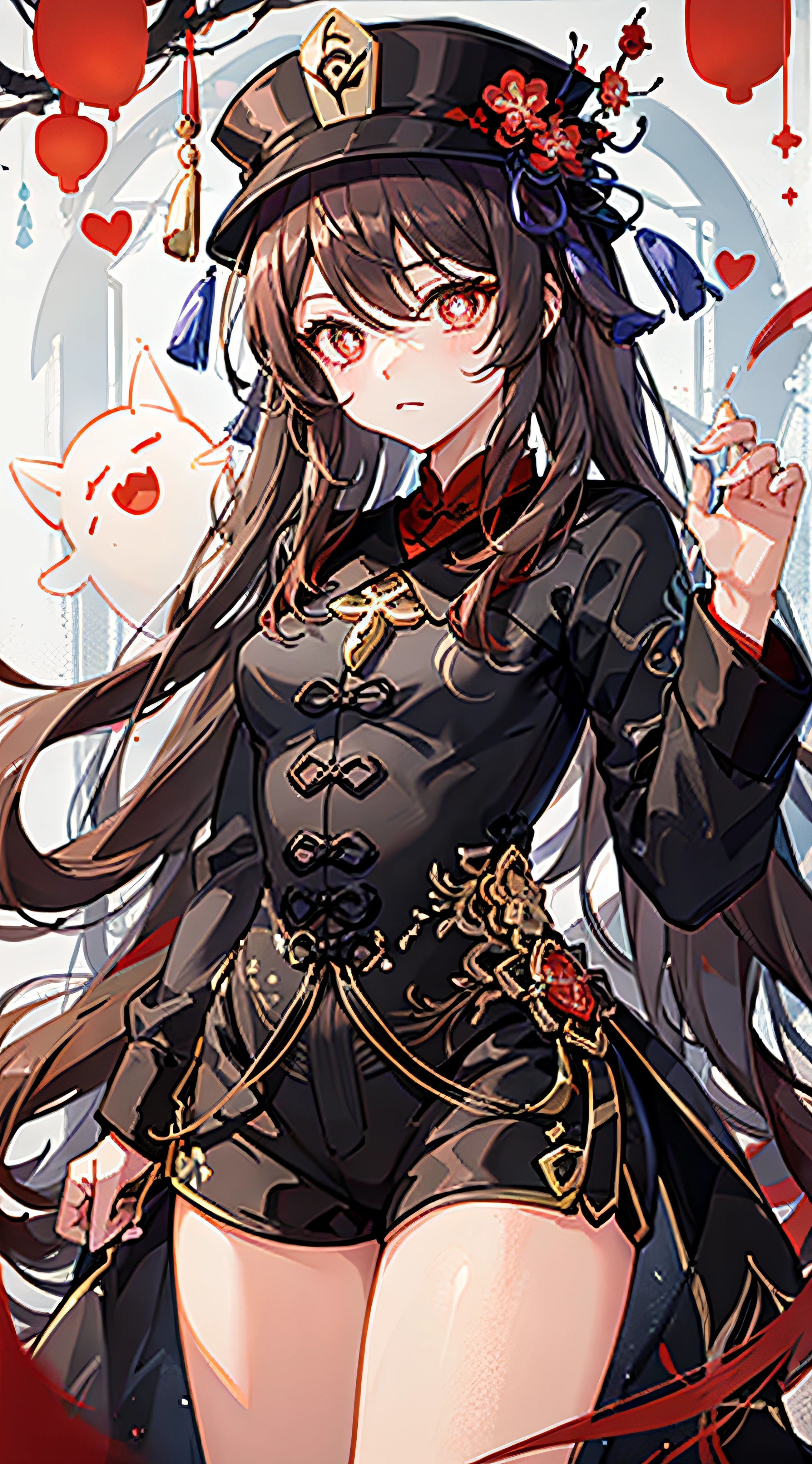 masterpiece, best quality,
1girl, hu tao (genshin impact), boo tao,hat, red eyes, twintails, brown hair, solo, symbol-shaped pupils, long hair,bangs, black shorts , chinese clothes,