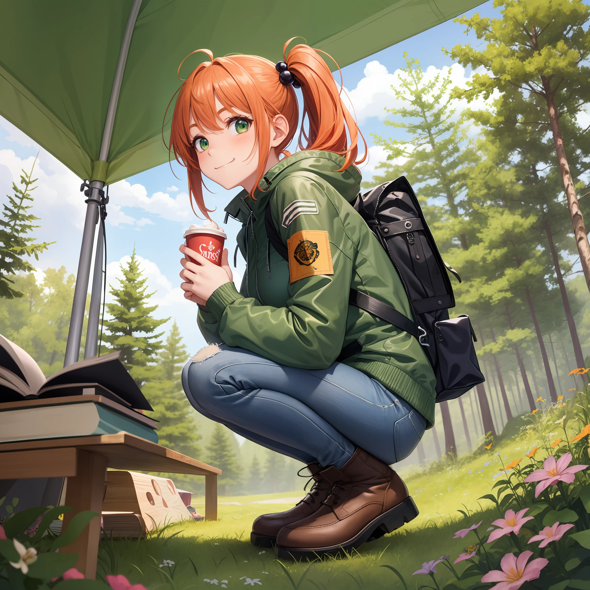 (illustration:1.0), masterpiece, best quality, 1girl, solo, camping, happy, smile, nature, trees, tent, camping_chair, camping, fire, roasting_marshmallows, drinking hot coffee, book, map, backpack, picnic_blanket, flowers, butterfly, sunny_day, , hiking_boots, denim_shorts, jacket,
(perspective:1.3), from below, (looking away:1.2), (from side:1.0),
long_hair, breasts, smile, bangs,( orange hair:1.1), hair_ornament, side_ponytail, swept_bangs, thick_eyebrows, hair_bobbles, skin_fang, closed mouth, green eyes