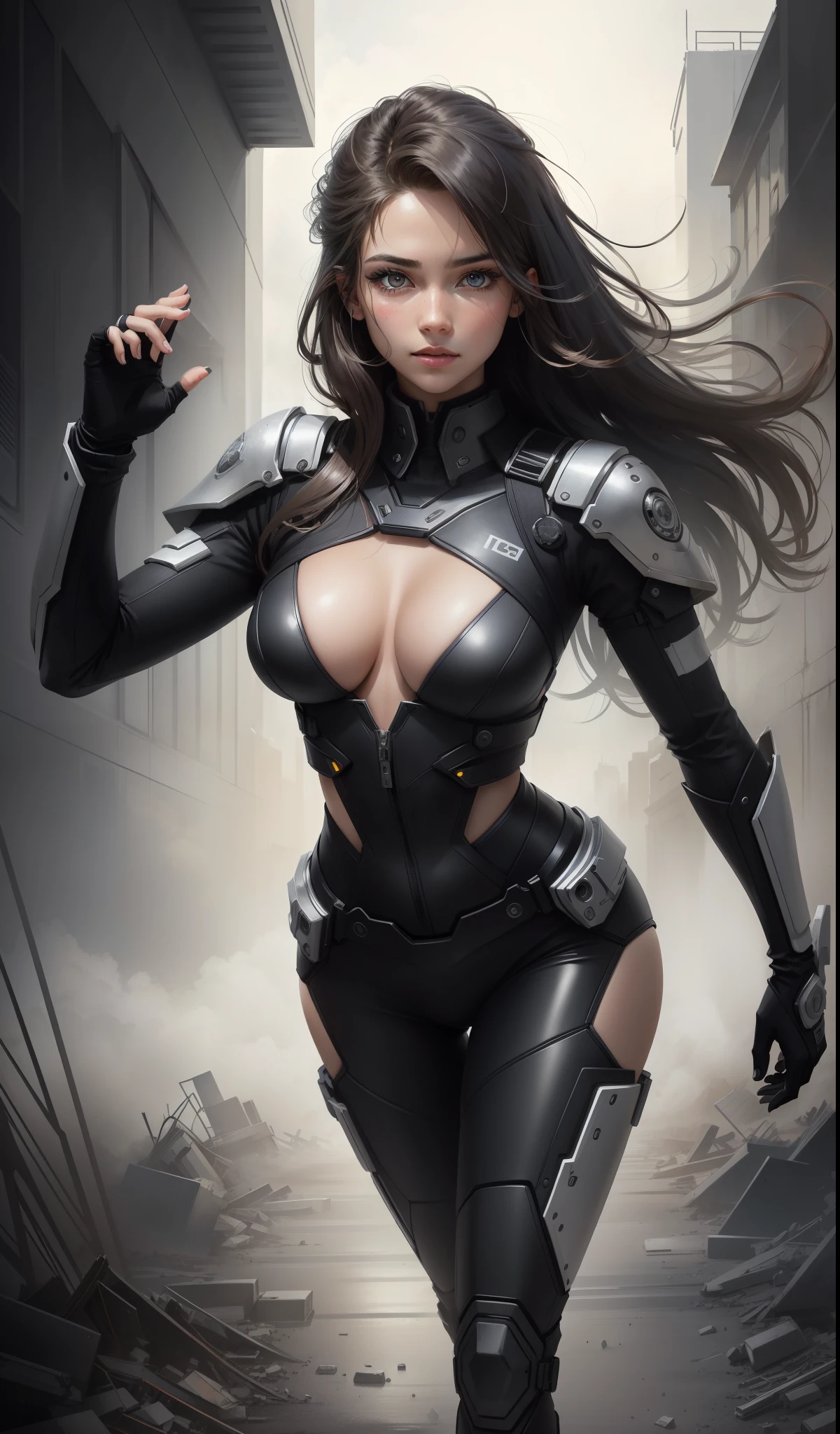 1girl:1.3), solo, ((very detailed face)))), ((very detailed eyes and face))), beautiful detail eyes, body parts__, official art, unified 8k wallpaper, super detailed, beautiful and beautiful, beautiful, masterpiece, best quality, original, masterpiece, super fine photo, best quality, super high resolution, realistic realism, sunlight, full body portrait, amazing beauty, , dynamic pose, delicate face, vibrant eyes, (from the front), She wears a combat suit, black and white color scheme, female military uniform, very detailed abandoned warehouse background, detailed face, detailed complex busy background, messy, gorgeous, milky white, highly detailed skin, realistic skin details, visible pores, clear focus, volumetric fog, 8k uhd, DSLR camera, high quality, film grain, fair skin, photo realism, lomography, futuristic dystopian giant metropolis, seen from below, translucent