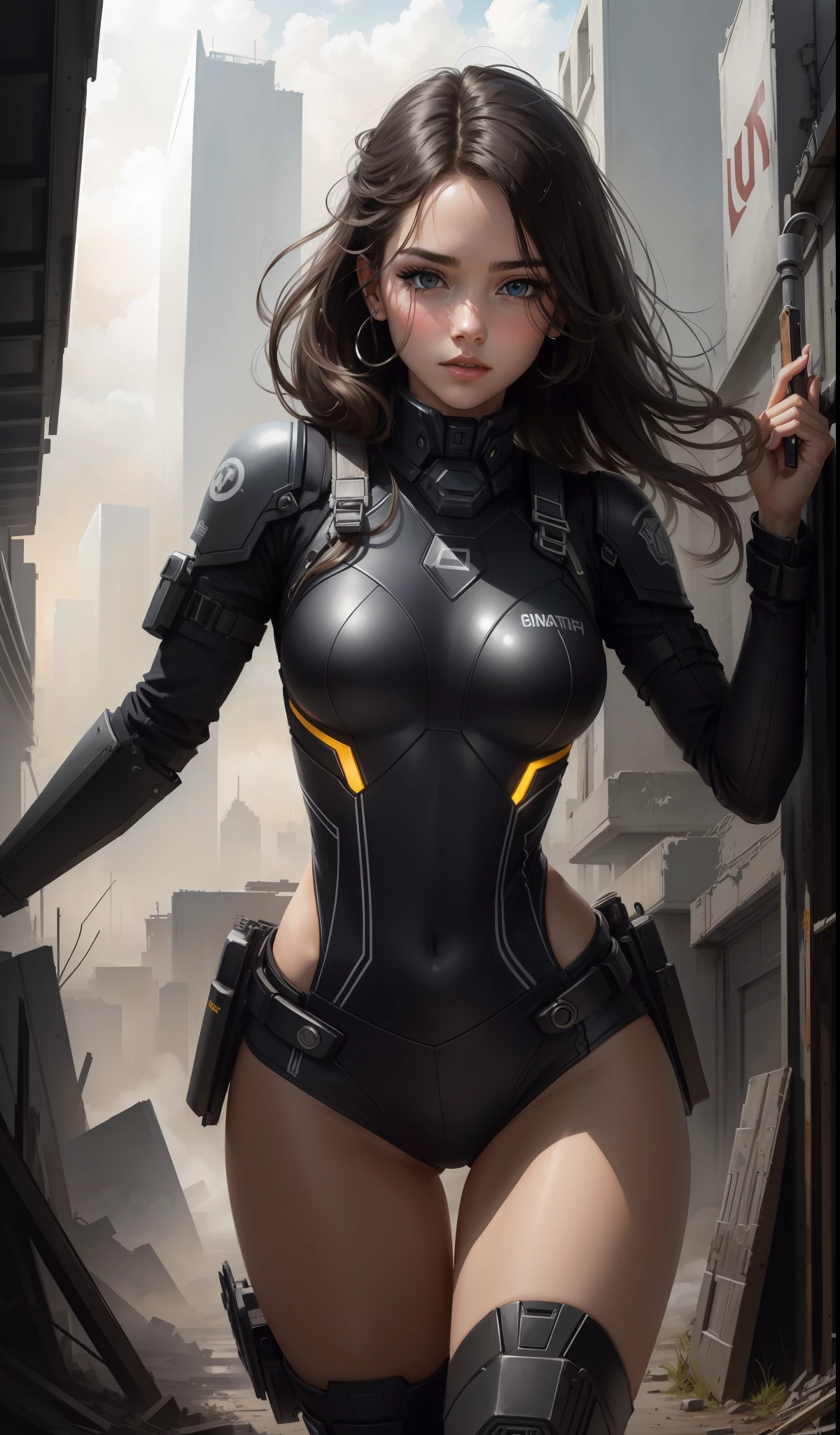 1girl:1.3), solo, ((very detailed face)))), ((very detailed eyes and face))), beautiful detail eyes, body parts__, official art, unified 8k wallpaper, super detailed, beautiful and beautiful, beautiful, masterpiece, best quality, original, masterpiece, super fine photo, best quality, super high resolution, realistic realism, sunlight, full body portrait, amazing beauty, , dynamic pose, delicate face, vibrant eyes, (from the front), She wears a combat suit, black and white color scheme, female military uniform, very detailed abandoned warehouse background, detailed face, detailed complex busy background, messy, gorgeous, milky white, highly detailed skin, realistic skin details, visible pores, clear focus, volumetric fog, 8k uhd, DSLR camera, high quality, film grain, fair skin, photo realism, lomography, futuristic dystopian giant metropolis, seen from below, translucent