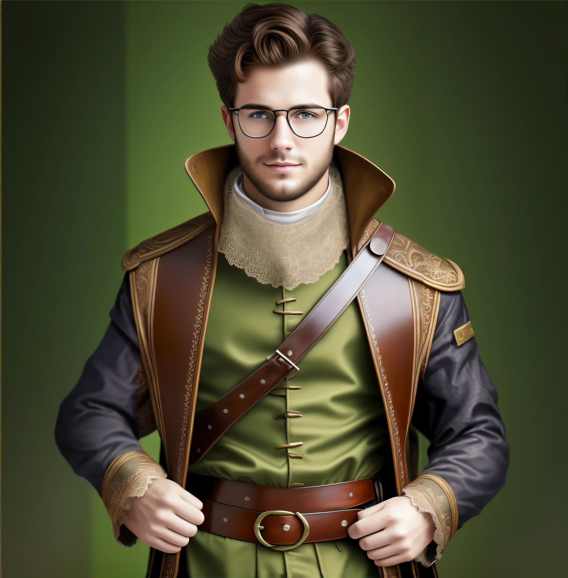 arafed man in a green outfit and glasses posing for a picture, closeup portrait of an artificer, fantasy character portrait, very detailed and rich clothing, hyperdetailed fantasy character, fantasy male portrait, steampunk male portrait, portrait of a medieval nobleman, picture of a male cleric, renaissance prince, fantasy character photo, realistic fantasy render, as a medieval fantasy character