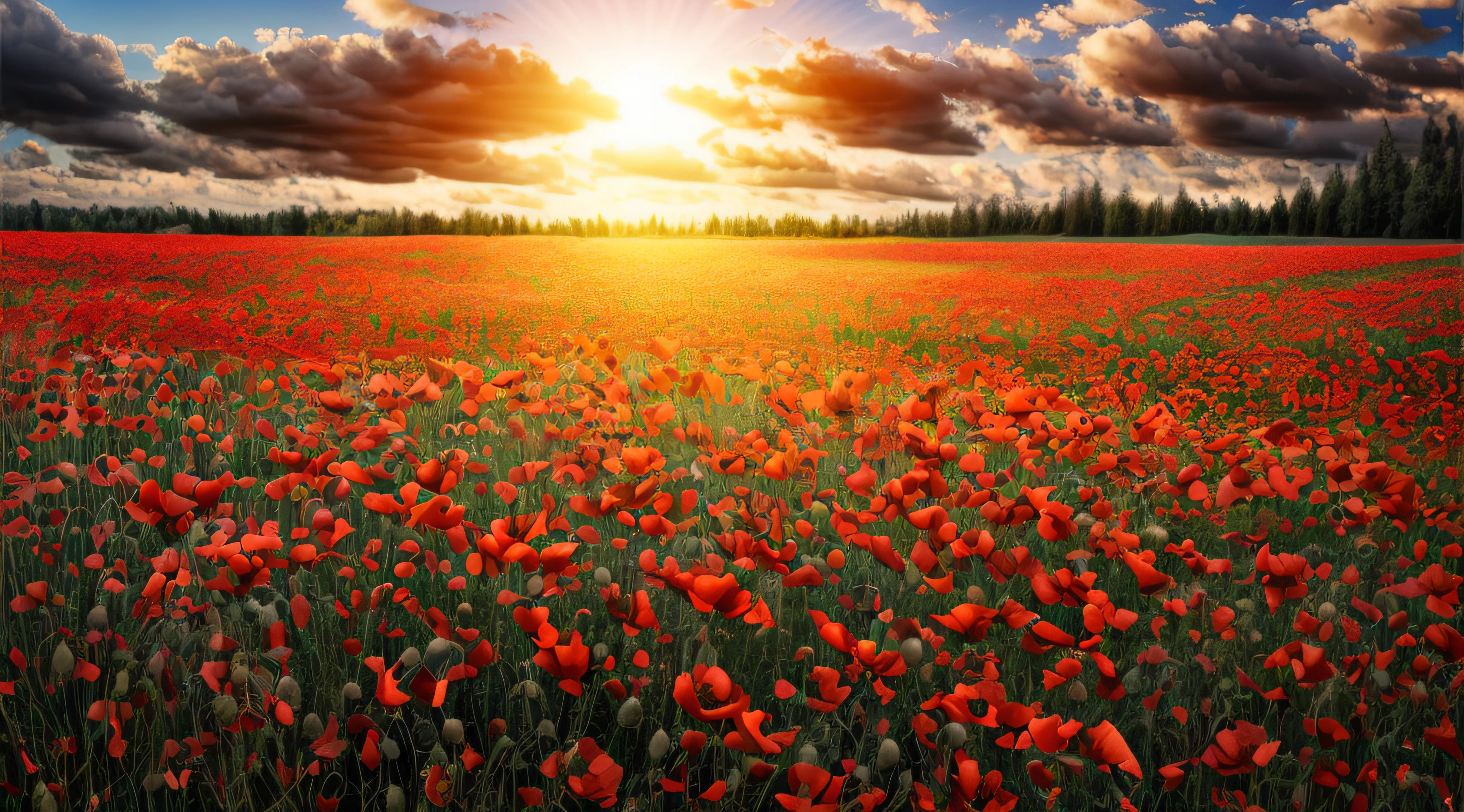 poppy field, overcast sky, forest on the horizon, white sun
