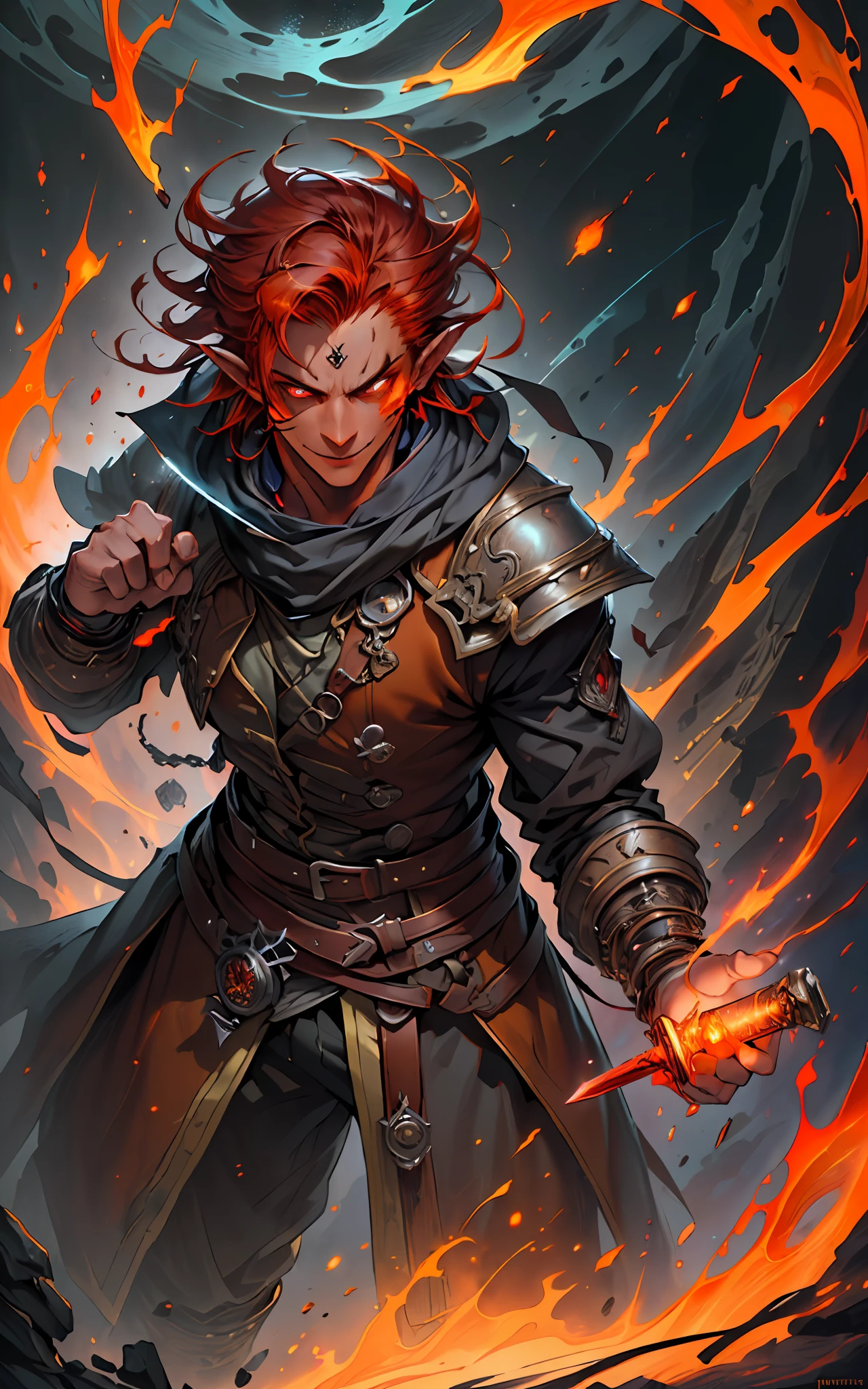 (full body shot, 1guy, solo:1.3),(((masterpiece))), (((best quality))), ((ultra-detailed)), (cinematic lighting), (illustration), (beautiful detailed eyes), (1guy, adult, sharp face features:1.3), depth of field,(red skin, orange skin:1.8),(fire elemental), (((masterpiece, high quality, highres,detailed background, detailed eyes, good eyes, frown, smiling, fog, martial arts pose, magic aura, good anatomy, dreamy))), (adult face, looking away, athletic body, muscular:1.2), (red hair, fire hair, floating hair,flame hair:1.5), bullet partickles, (short hair:1.3), kingsglaive garb, ((victorian fighter outfit, brown coat, (steampunk goggles)),adventurer clothes, (pointy ears:1.2),adventurer clothes,glowing eyes, (holding sword:1.4), (red eyes), glow fire particles, dungeon background, ,(absurdres, highres, ultra detailed),finely detailed eyes and detailed face, the fool \tarot\, bard, clown, Symbolism, Visual art, Occult, Universal, Vision casting, Philosophical, Iconography, Numerology, Popularity, Artistic, Alfons Mucha