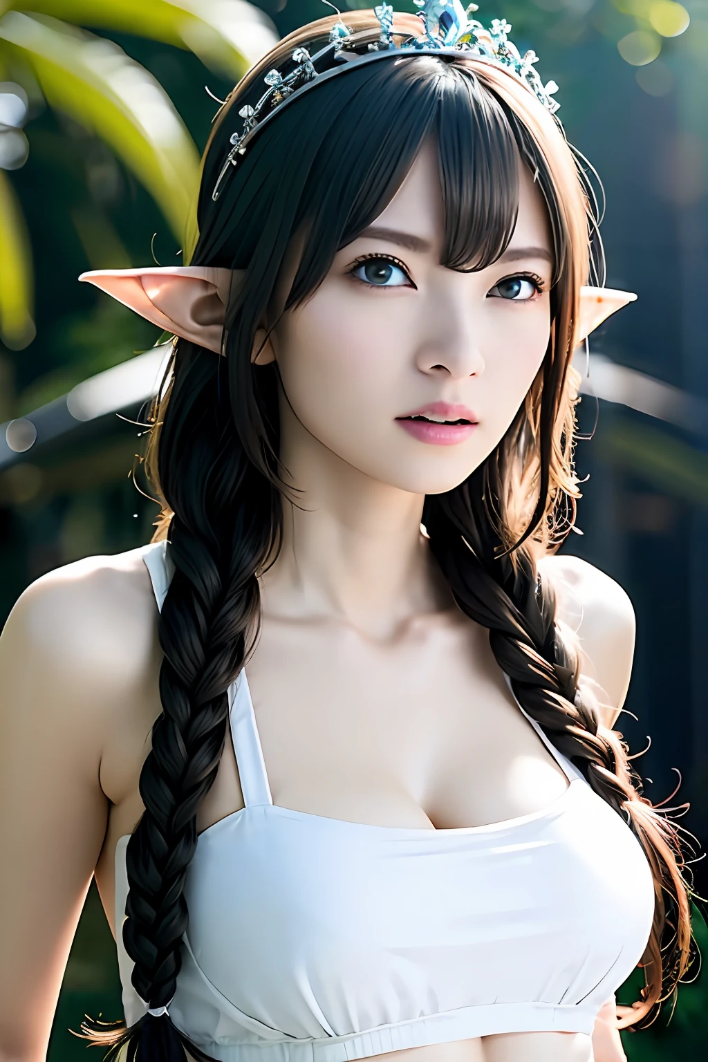 Ultra-detailed complex 3D rendering of the face, (Colossal: 8.8), (masterpiece, top quality, octane rendering, 8K), glamour shot full body image, very beautiful young elf, cleavage, (very detailed skin: 1.2), (exposure: 1.1), (blonde elf)))), (wearing a plummeted tank top of white silk: 1.5)), , Beautiful Caucasian woman with big buttocks full soft breasts and white skin, one, long braided hair, big breasts, dynamic angle, mystical expression, ultra-realistic photos, (((((portrait)))), bare feet, futuristic urban background, facial muscles, detailed and beautiful queen tiara, in the style of Marvel Comics, ArtStation trends, clear focus, studio photography, intricate detail, highly detailed, detailed yellow eyes, sharp focus, digital rendering, professional, abs, shot with Canon EOS R 6, natural jungle, open mouth lightly (sexy pose))),