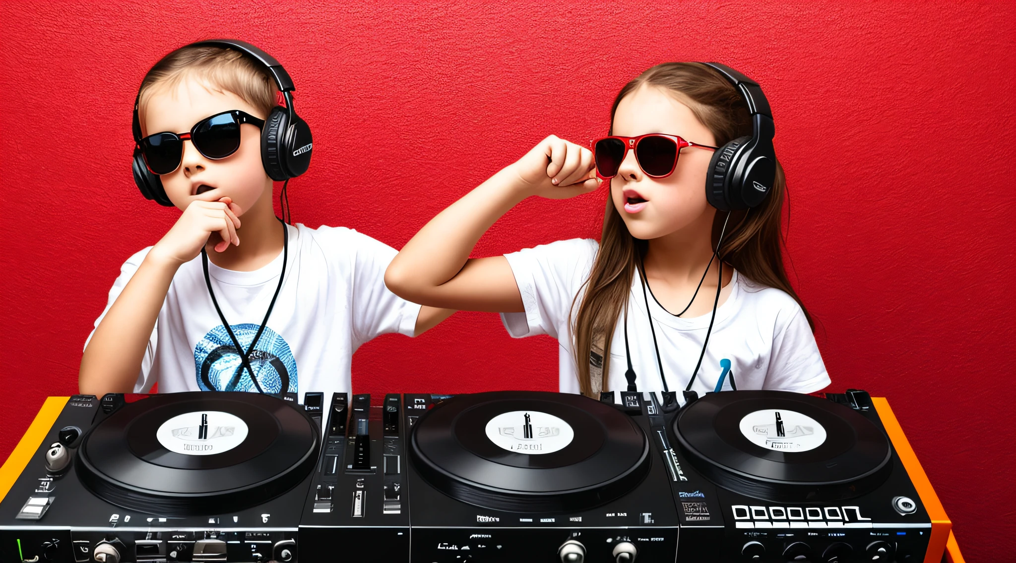 BLONDE CHILD, in sunglasses holding a boombox and pointing with his hand, boombox, music guy, ghetto blaster, on a red background, playing for music, on red background, dj, very low quality picture, red sunglasses and a guitar, big ghetto blaster, with headphones, music is life, new music, vibrating with music