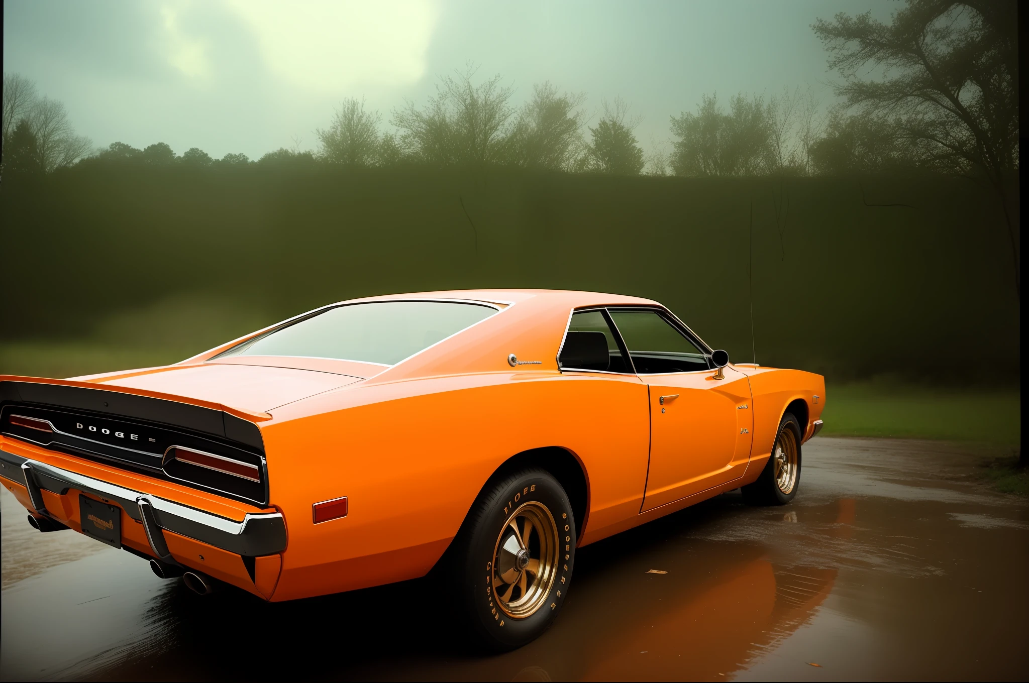GENERAL LEE, dodge charger 1970 orange, Epic tornado, vintage retro signage abandoned in heavy rain, sports cars, horror, lightning, thunder, scary night neon lighting, urbex, decay, rusty, overgrown, after sunset, volumetric lighting, cinematic, dramatic, urban exploration, Eastman Kodak color negative film 5251 50T filmed with panavision super ps, Photorealistic, Hyperrealistic, Photo - Realistic, Extremely detailed, 8K