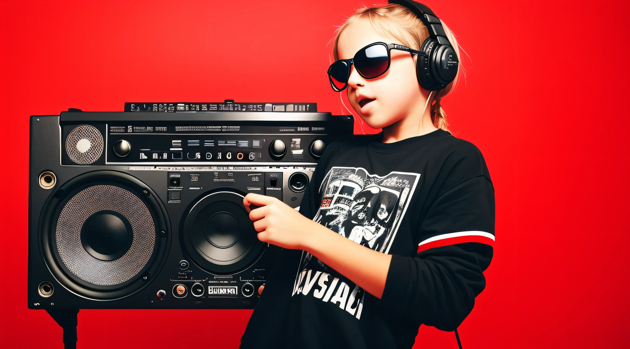 mENINA BLONDE CHILD, in sunglasses holding a boombox and pointing with his hand, boombox, music guy, ghetto blaster, on a red background, playing for music, on red background, dj, very low quality picture, red sunglasses and a guitar, big ghetto blaster, with headphones, music is life,  new music, vibrating with music