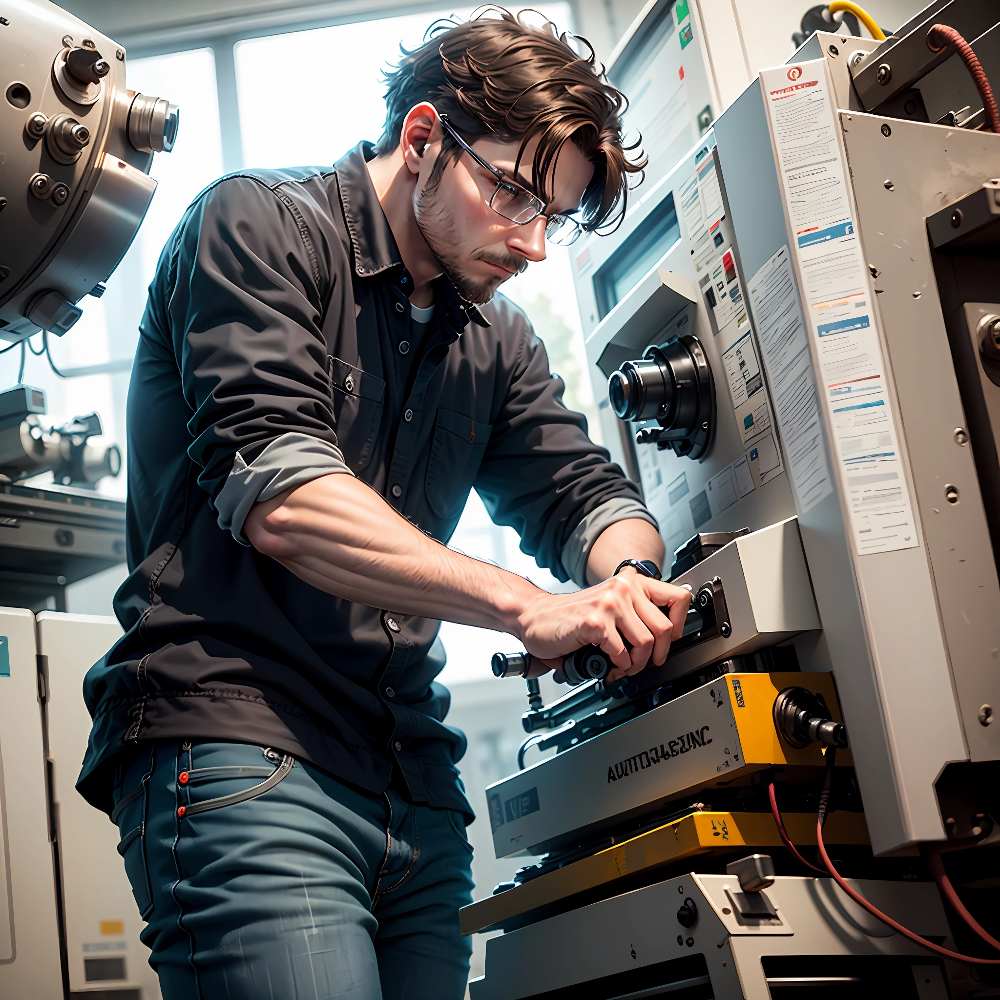 A CNC lathe operator, paying attention to the machining of a part and with emphasis that he pays attention through hearing as well --auto
