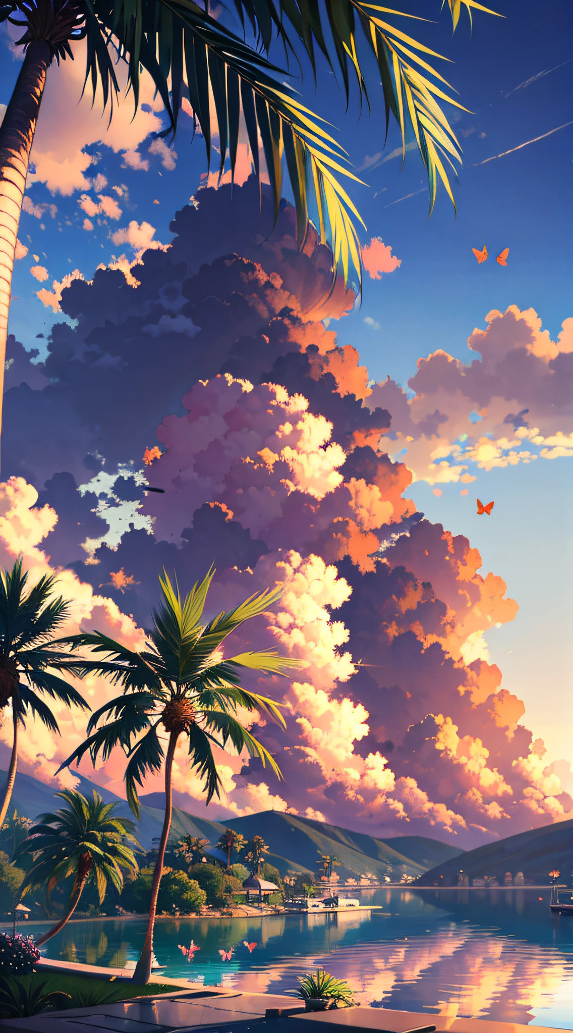 nature, outdoor, no humans, lake, palm trees, clouds, bugs, butterflies, evening, water, sun, sky, tropics, sunset, trees, landscape,
