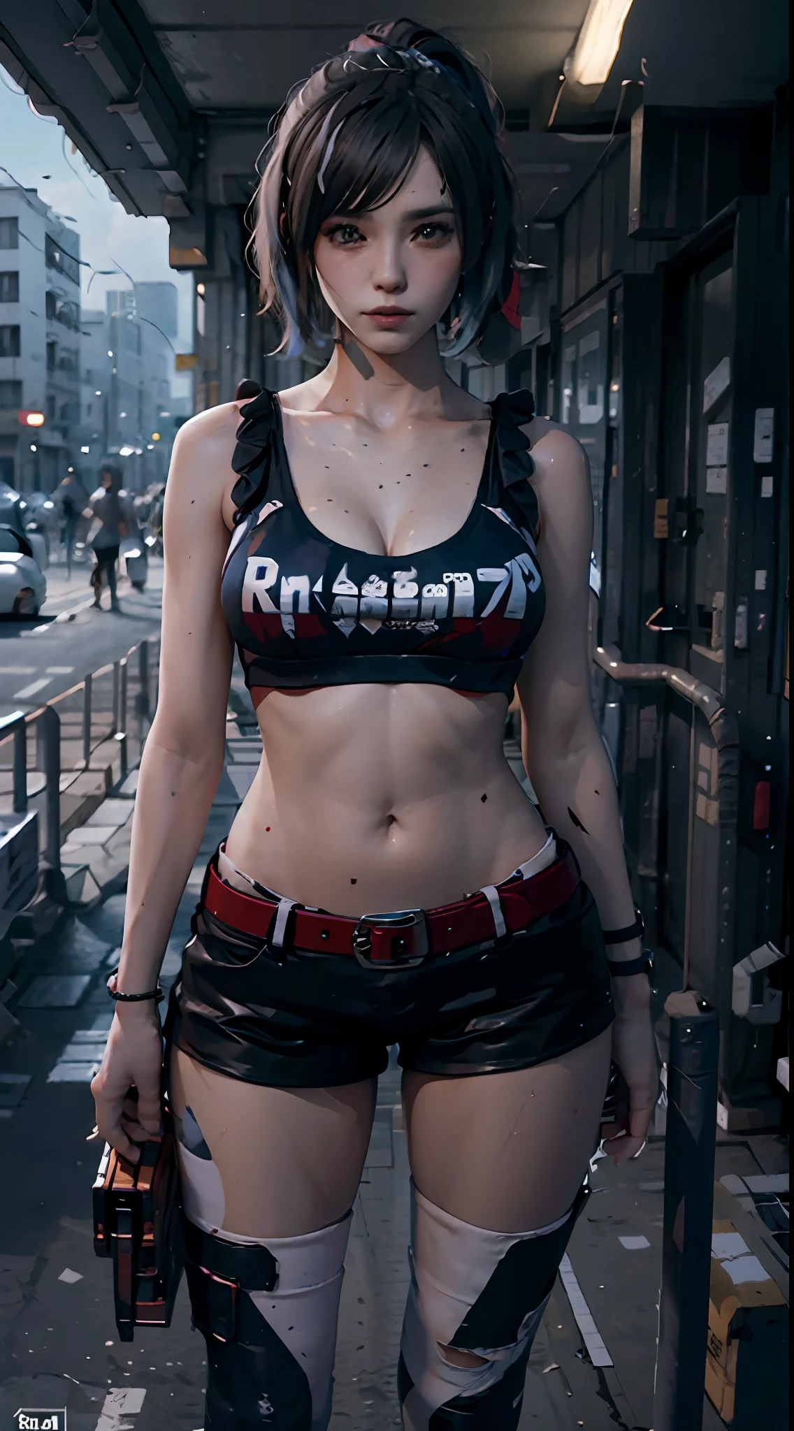 ((Best quality)), ((masterpiece)), (detailed: 1.4), beautiful woman, Asian, black sleeveless short t-shirt, black lag pants, black short hair with red locks, CyberPunk, ink, (solo), realistic,((masterpiece)), (best quality), (detailed), (1 girl), thighs, large breasts, 3D,HDR (High Dynamic Range),Ray Tracing,NVIDIA RTX,Super-Resolution,Unreal 5,Subsurface dispersion, PBR texture, Post-processing, Anisotropic filtering, Depth of field,  Maximum clarity and sharpness, Multilayer textures, Albedo and specular maps, Surface shading, Accurate simulation of light-material interaction, Perfect proportions, Octane Render, Two-tone lighting,Wide aperture,Low ISO,White balance,Rule of thirds,8K RAW,