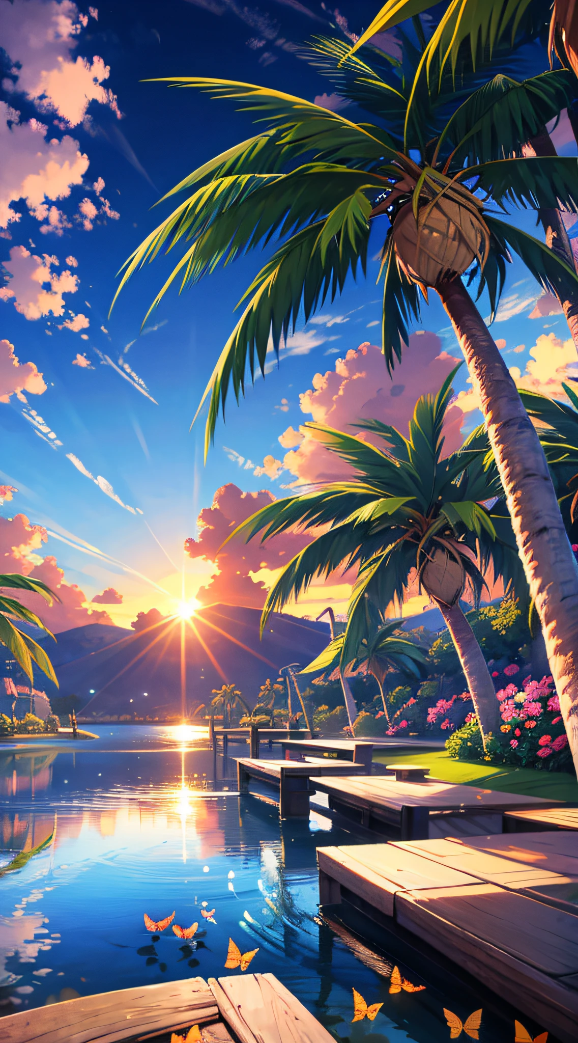 nature, outdoor, no humans, lake, palm trees, clouds, bugs, butterflies, evening, water, sun, sky, tropics, sunset, trees, landscape,