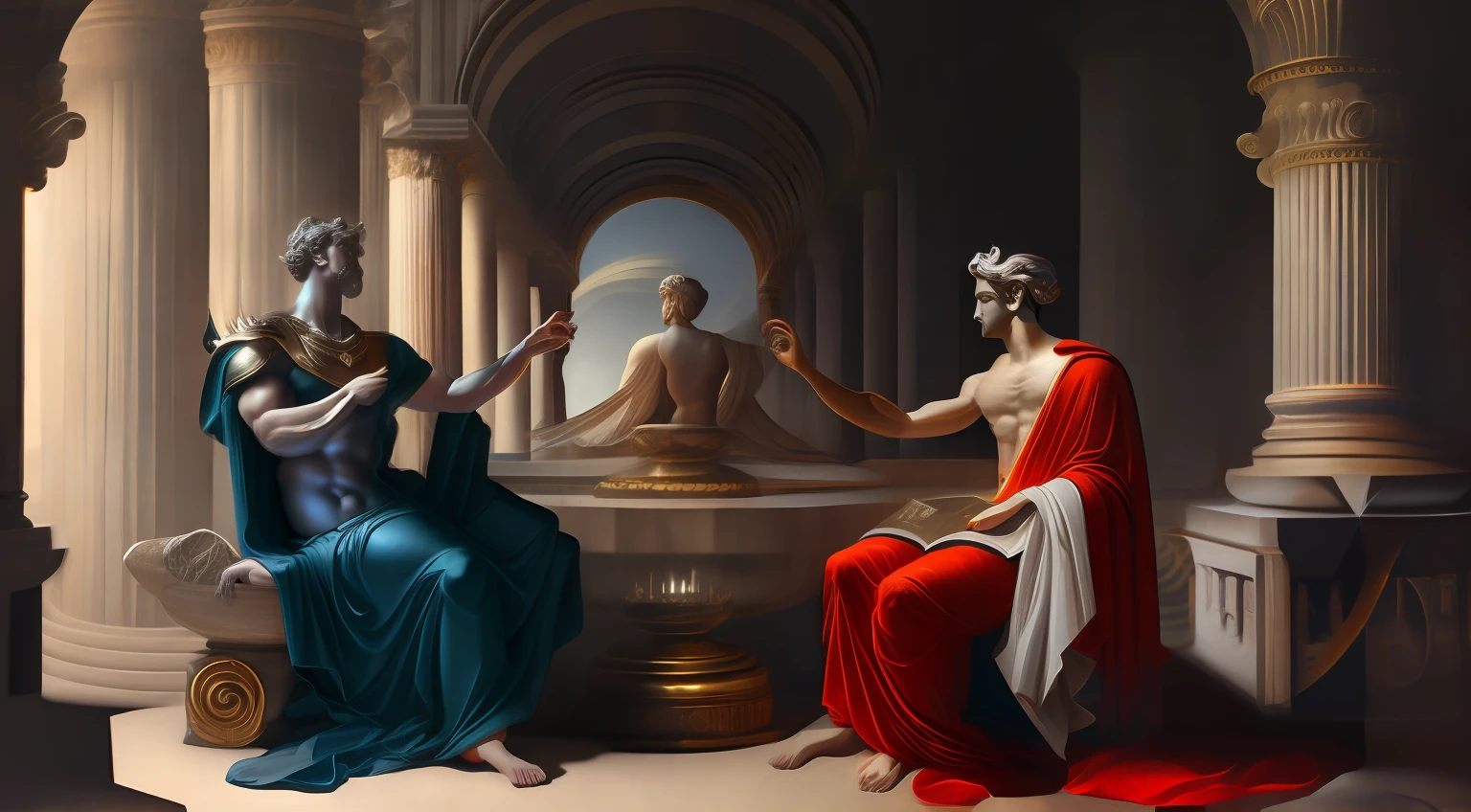 Mercury, the winged god of commerce, consorting amicably with Hades the god of darkness