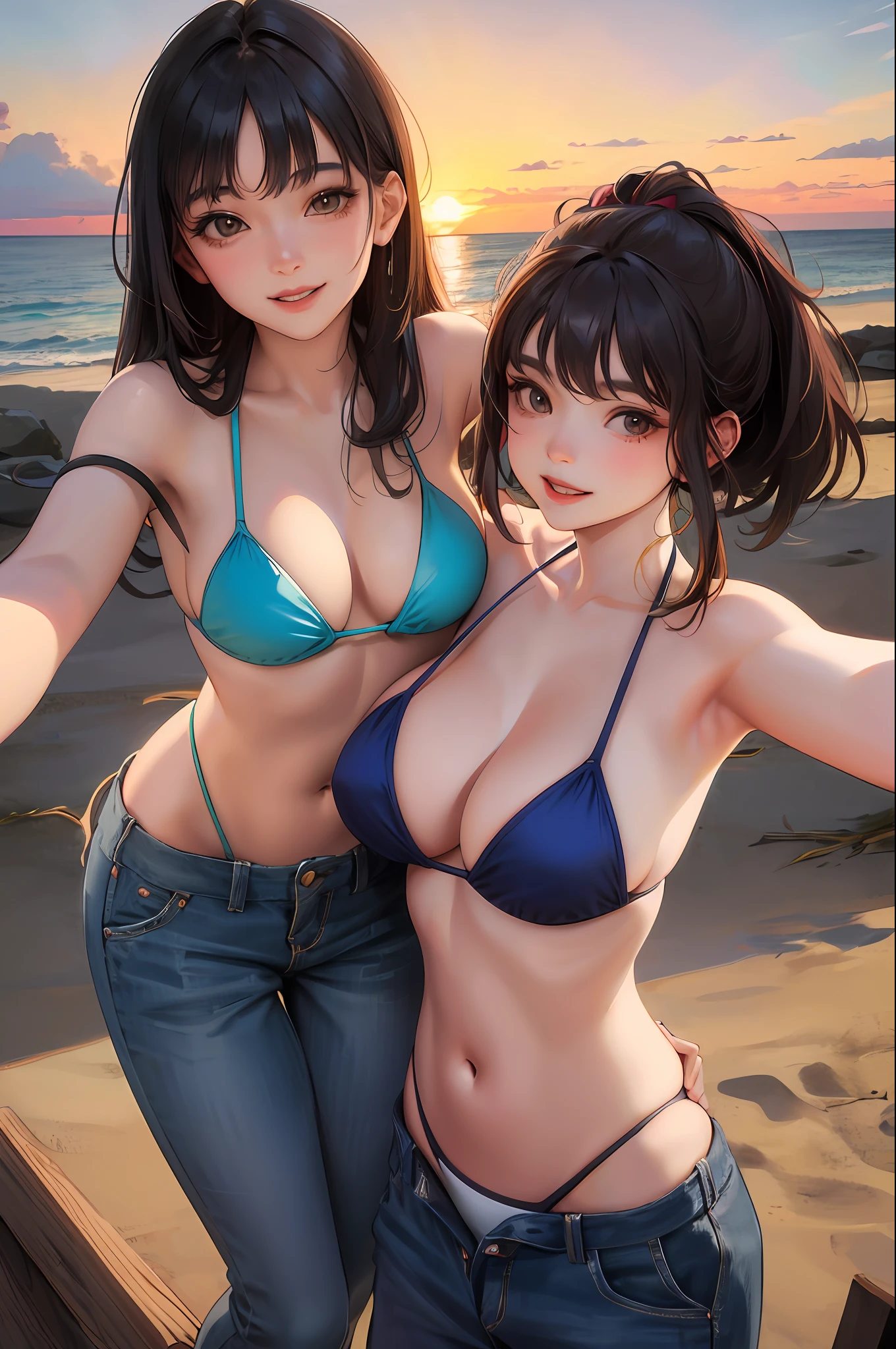 Realistic, 2 15 year old girls, selfie, wearing bikini, big breasts, smile, sunset